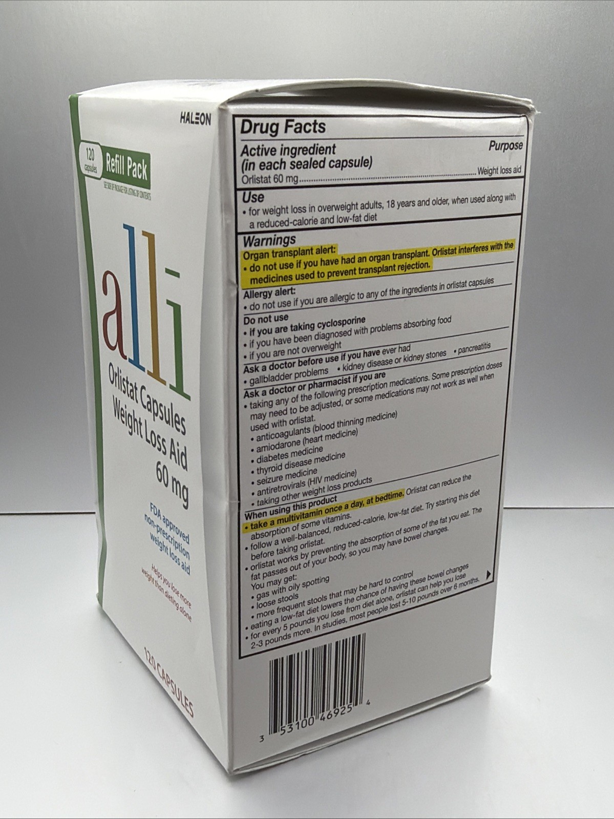 Weight Loss Diet Pills, Orlistat 60 mg Capsules 120 Count Refill Pack EXP 04/27