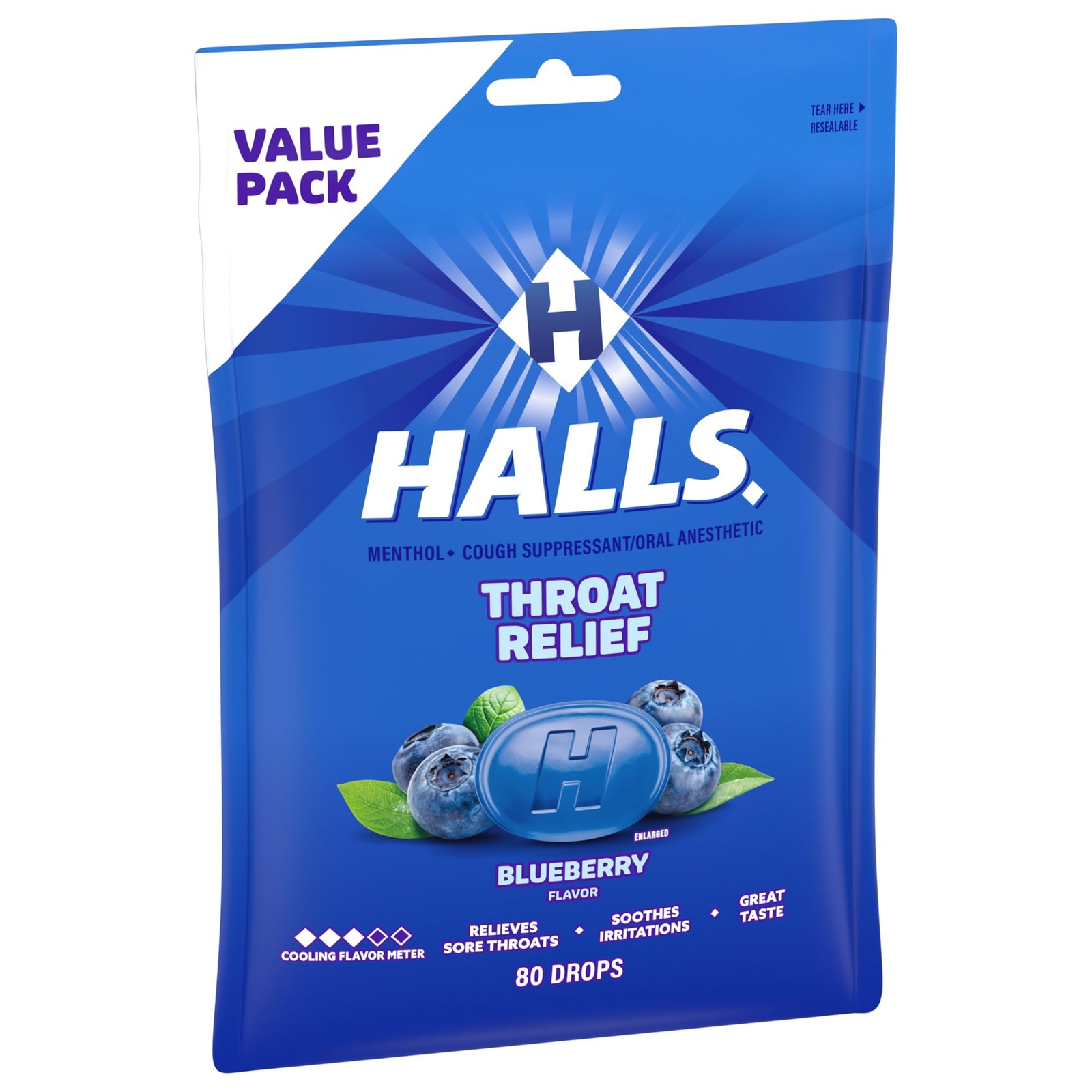 Halls Throat Relief Blueberry Cough Drops, Value Pack, 80 Drops