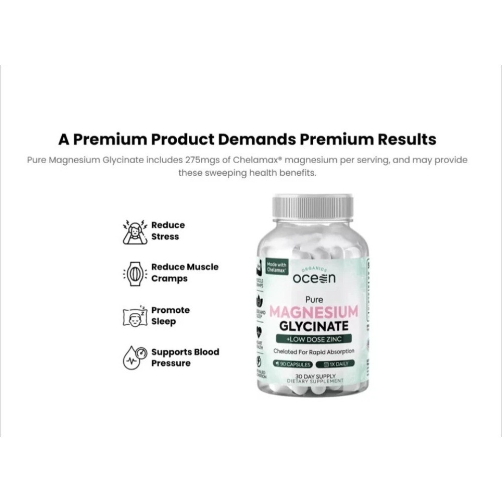 3 Pack Organic Ocean Pure Chelated Magnesium Glycinate with Zinc, Supplement