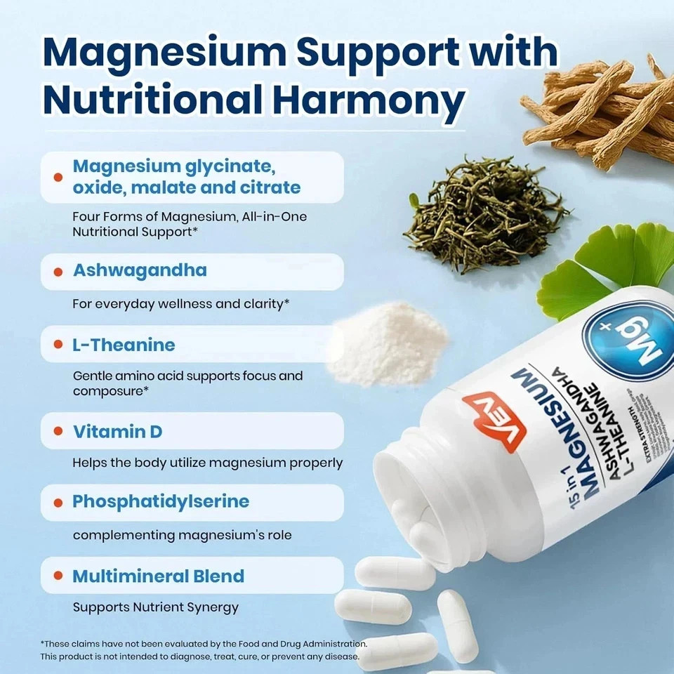 VEV DeepCalm 15 in 1 Magnesium Glycinate & Citrate Complex Capsules.