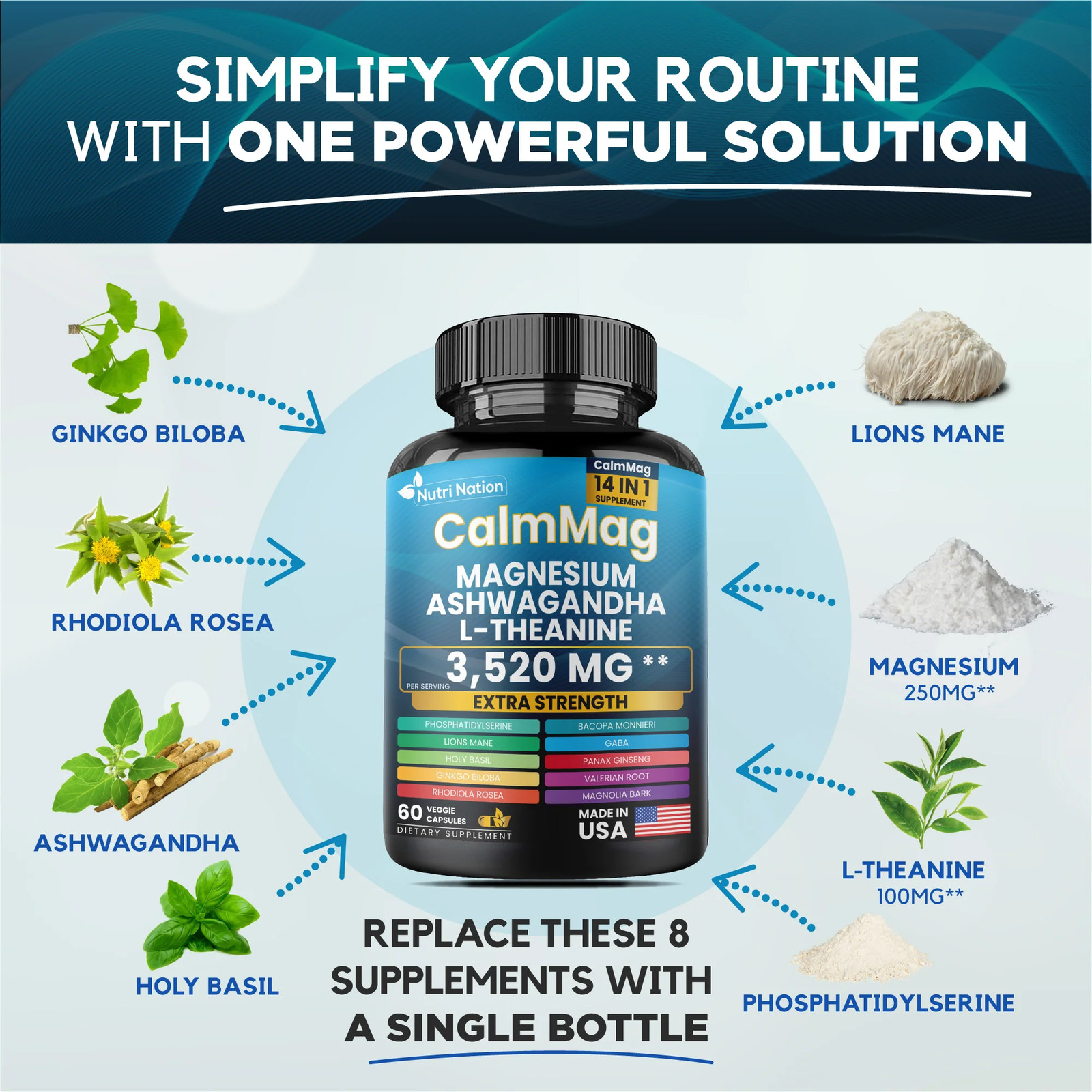 Best Magnesium Glycinate with Ashwagandha and L-Theanine 14 in 1 Supplement 60