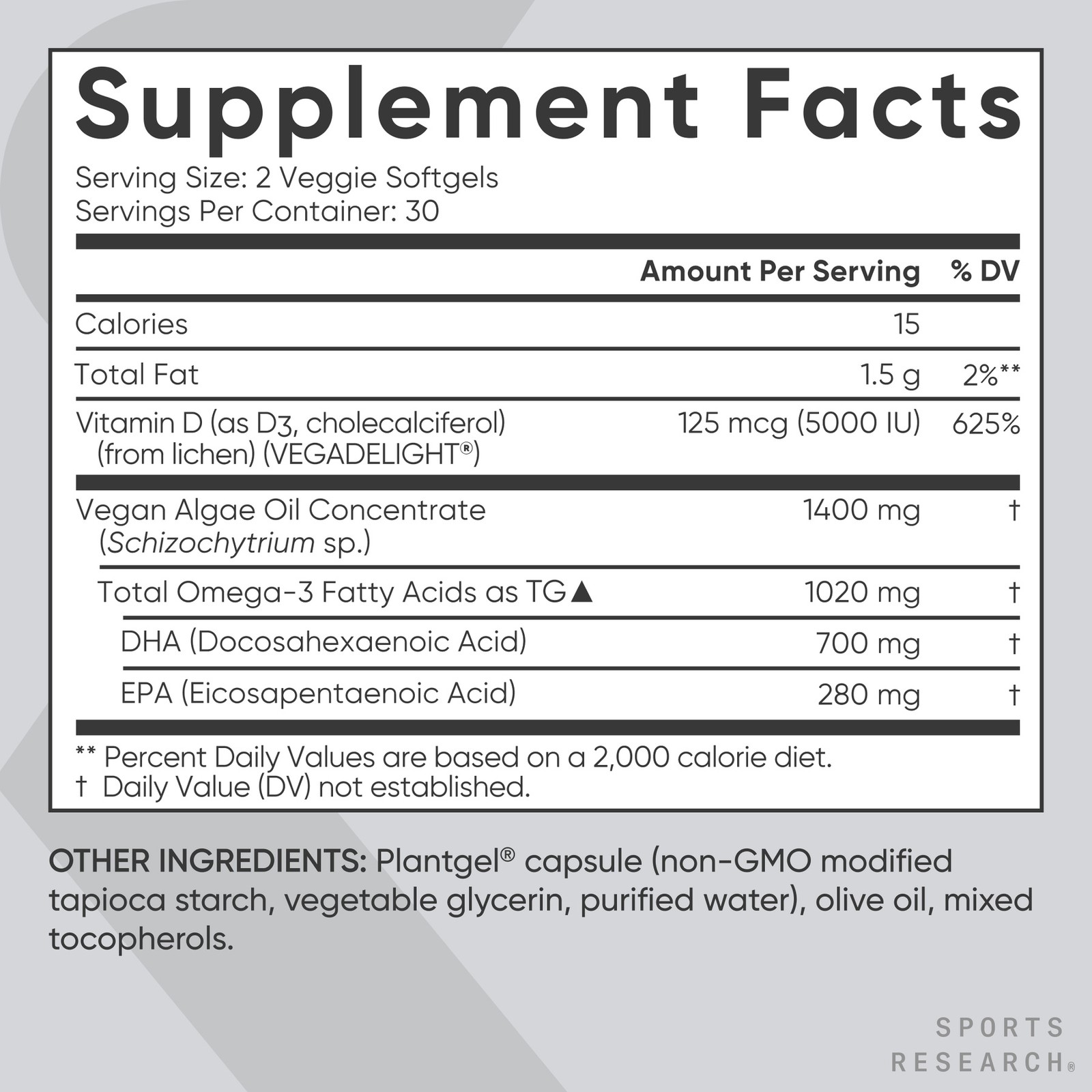 Vegan Omega-3 w/ Vitamin D3 Fish Oil Alternative D Algae Oil 60 Veggie Softgels