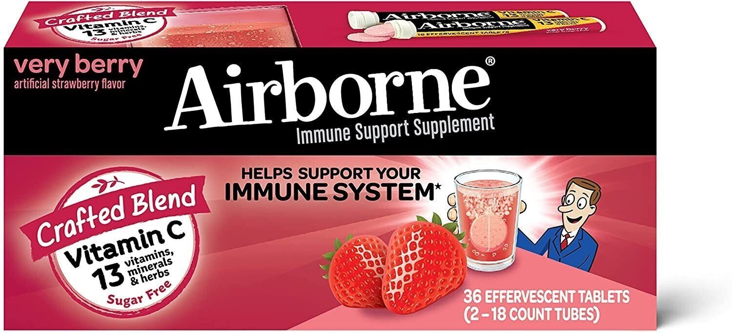 Very Berry Airborne Immune Support 36 Effervescent Tablet Vitamin C 1000mg 12/25