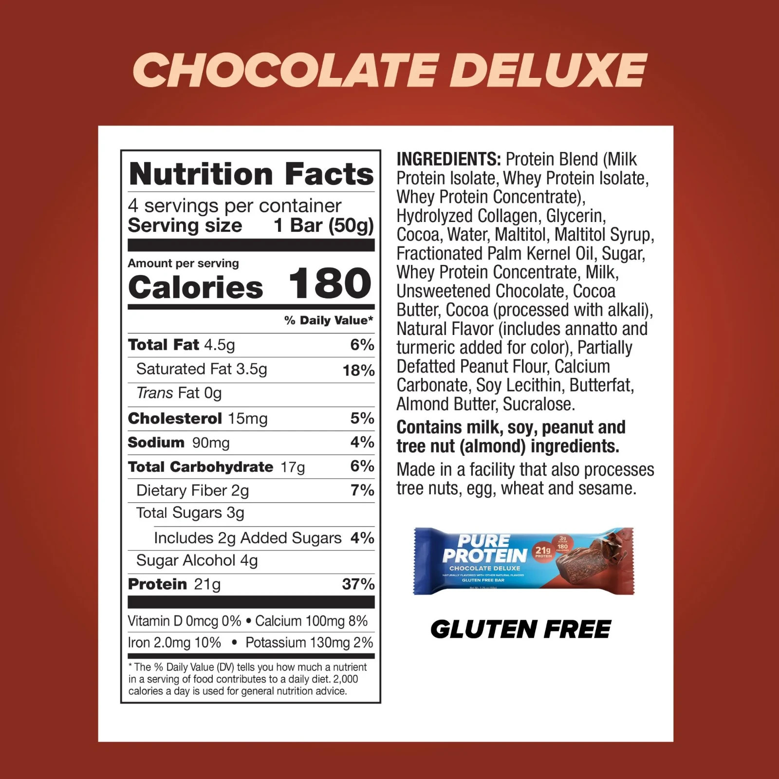 Pure Protein Bar, Chocolate Deluxe, 21g Protein, Gluten Free, 1.76 oz, 12 Ct