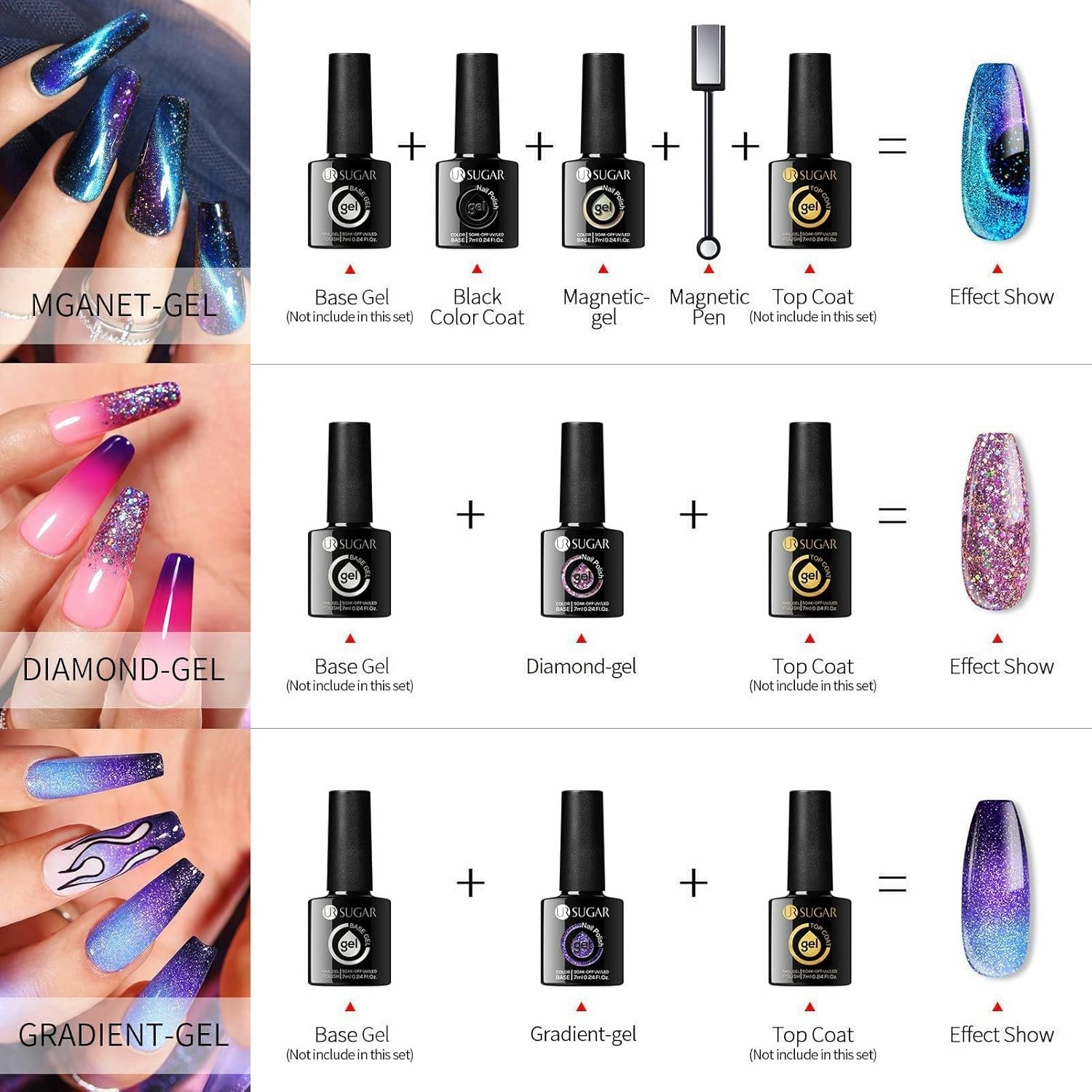 UR SUGAR Glitter Gel Nail Polish Set, 6 Colors Glitter 9D Cat Magnetic Eye Black