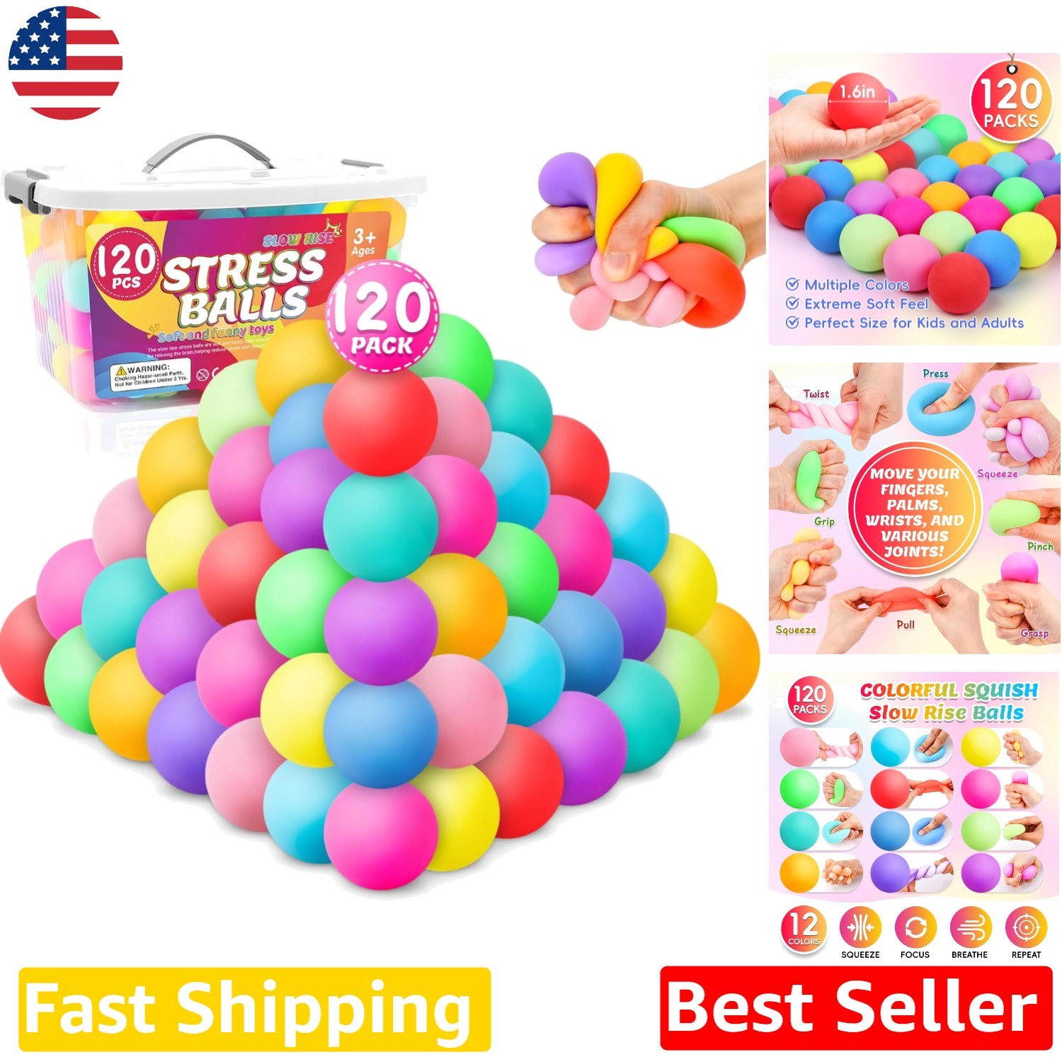 120pc Squishy Stress Balls – 1.6in Anxiety Relief Fidget Toy Set