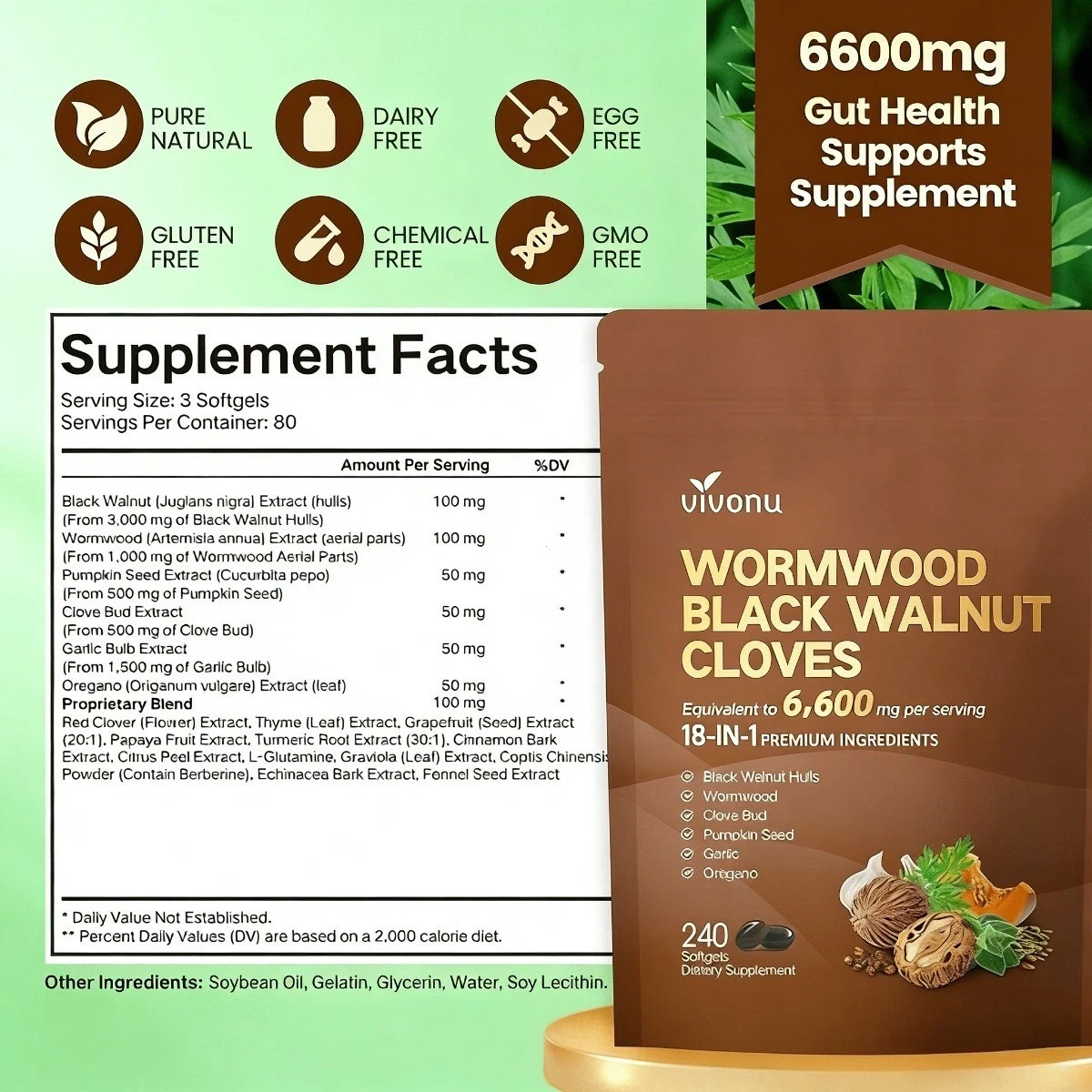 VIVONU Wormwood Black Walnut Cloves Capsules, Metabolism & Energy Support