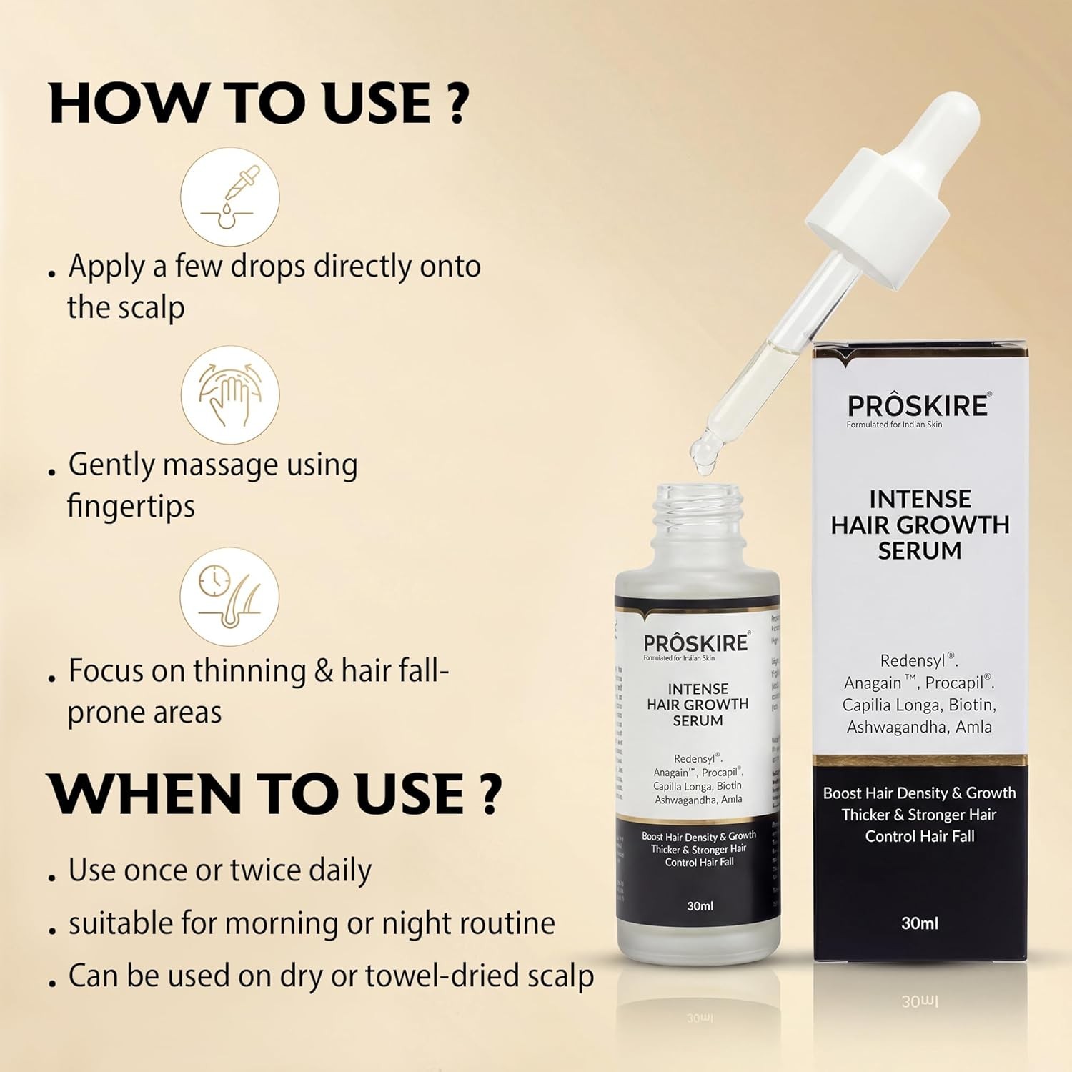Proskire Intense Hair Growth Serum With Redensyl, 30ML each pack of 3