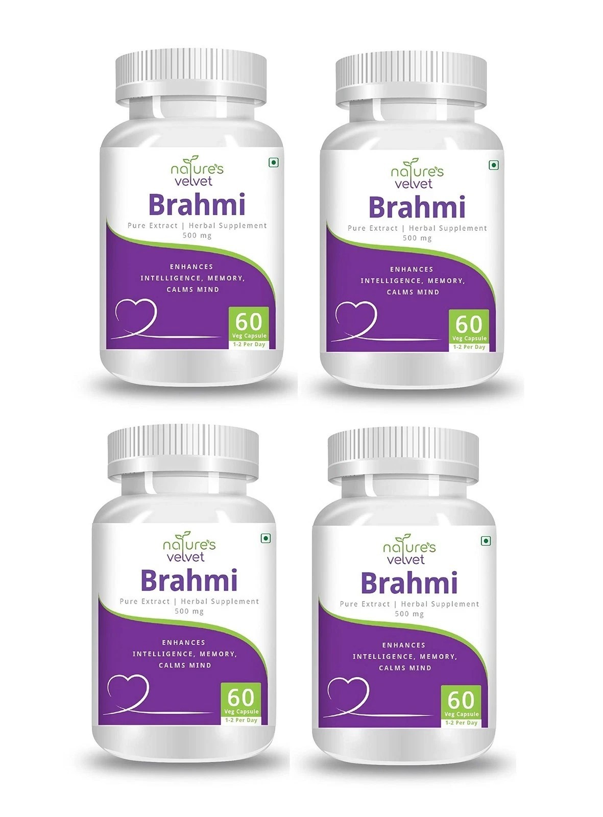 Nature’s Velvet Brahmi Extract 500mg, 60 Veg Capsules x 4|Memory & Brain Support