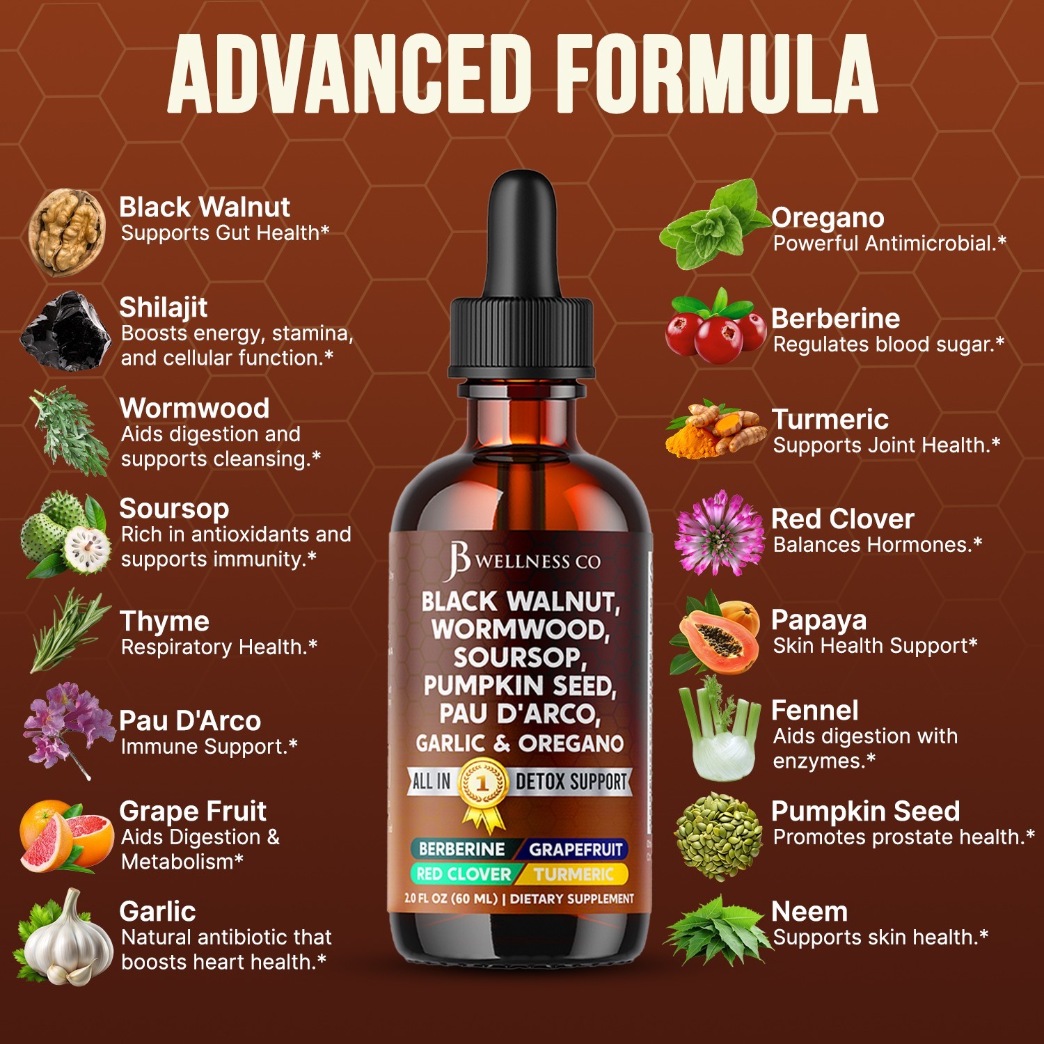 USA MADE! Wormwood Black Walnut Cleanse for Humans Drops Liquid Soursop Garlic