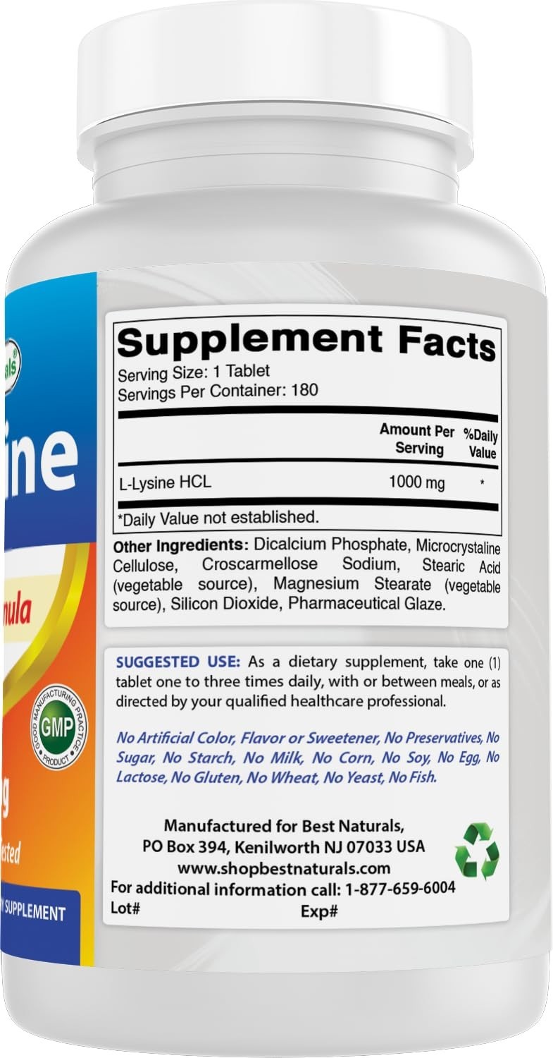 L-Lysine 1000mg – 180 Tablets, Immune Support, Muscle Recovery, 3 Bottles