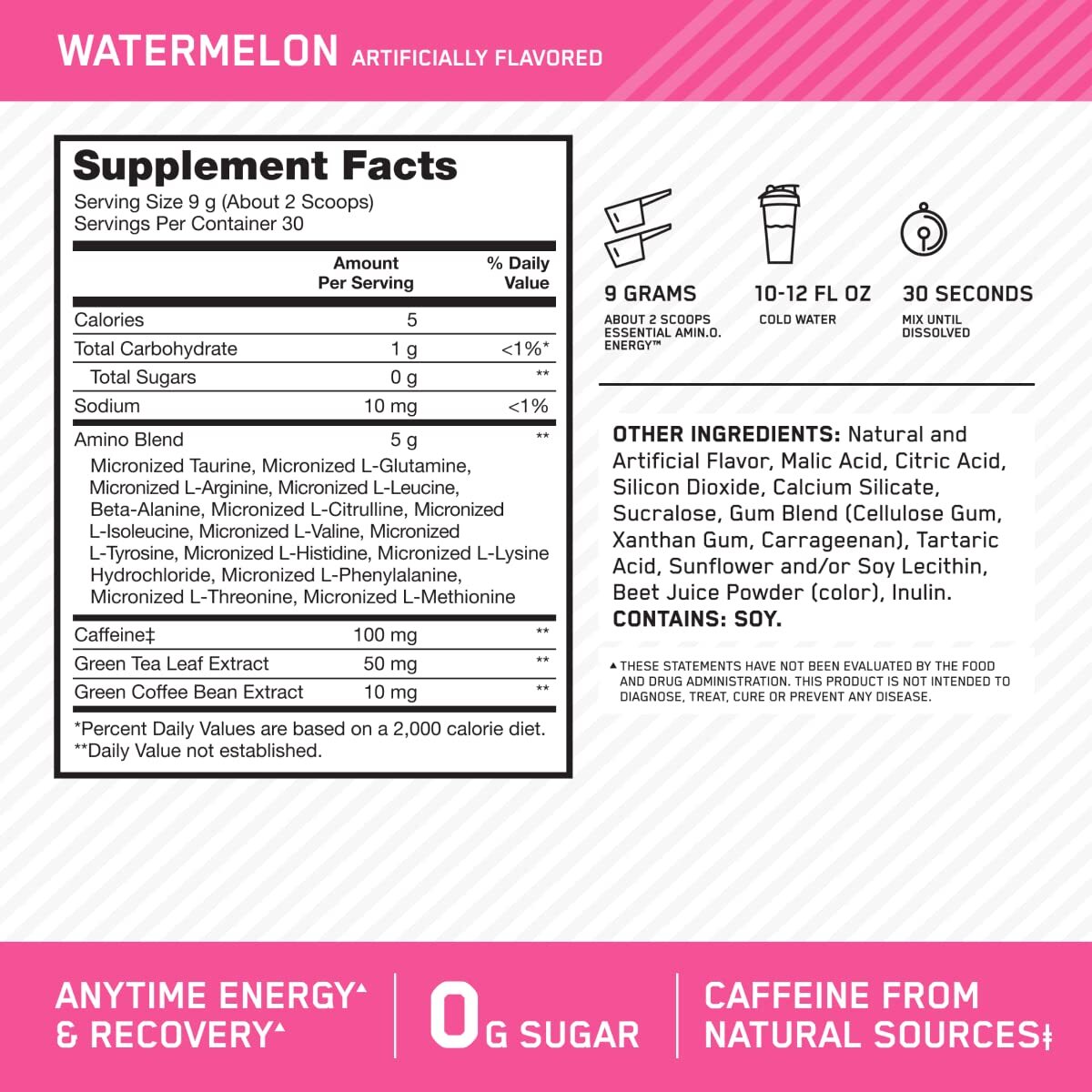 Optimum Nutrition Amino Energy & Recovery – Watermelon, 9.5 oz, Exp. 10/26 – 2pk