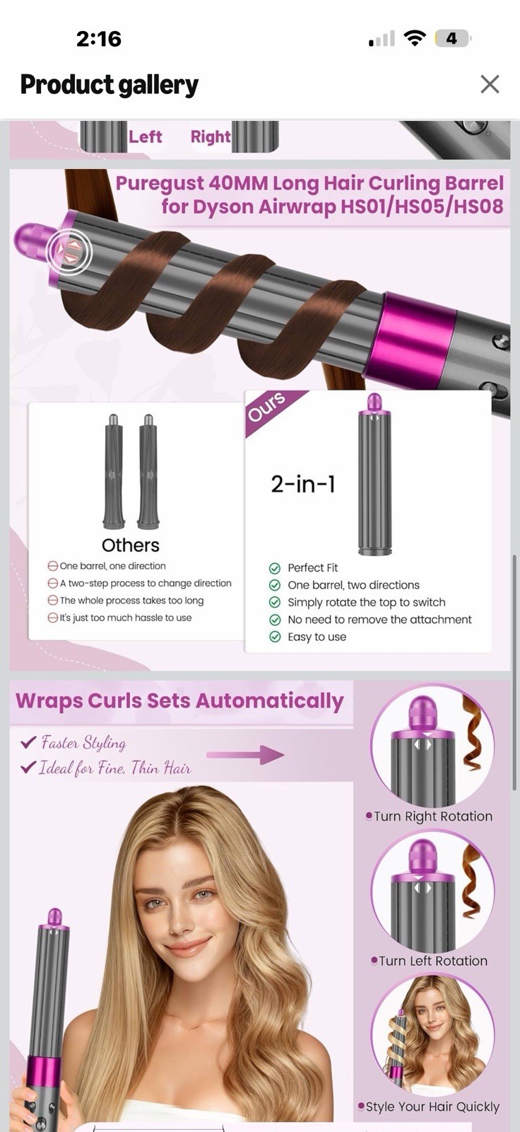 Long barrel curl Multi Direction 1.6 in for Dyson Airwrap Hair Styler HS01 05 8