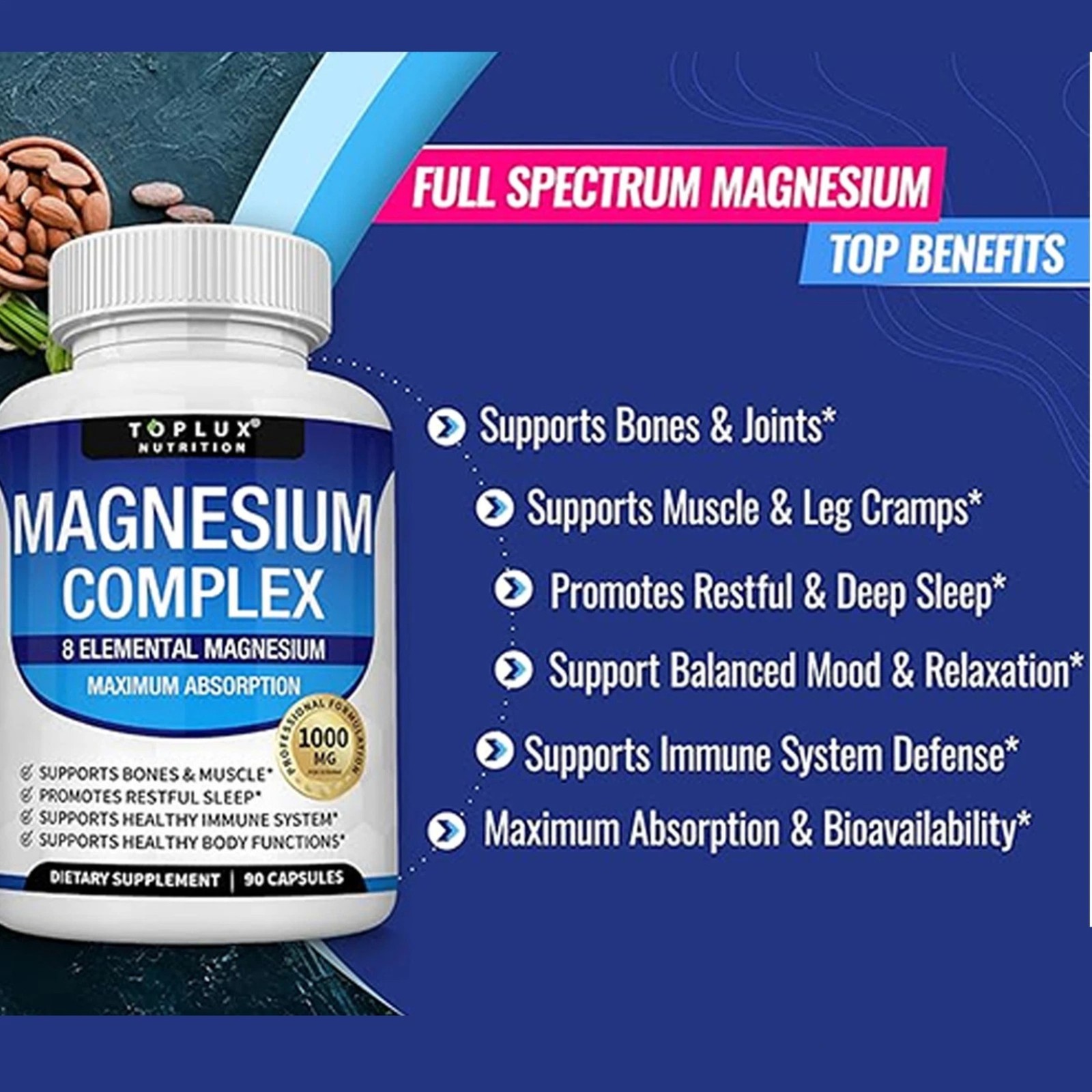 Toplux Nutrition Magnesium Complex 1000mg Supports 8 Elemental Magnesium 1-3Pack