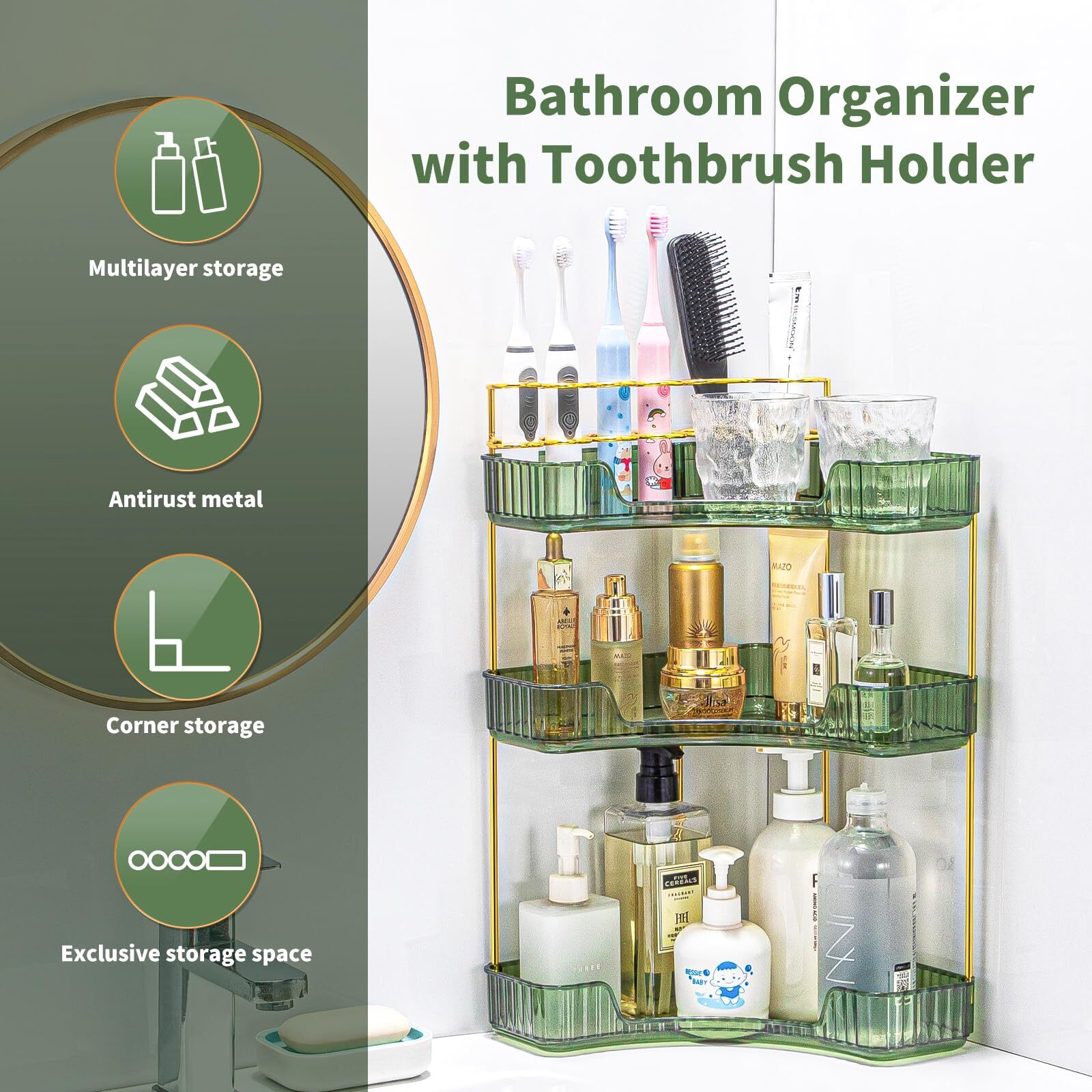 3-Tier Green Corner Makeup Organizer Countertop with Brush Holder for Bathroom