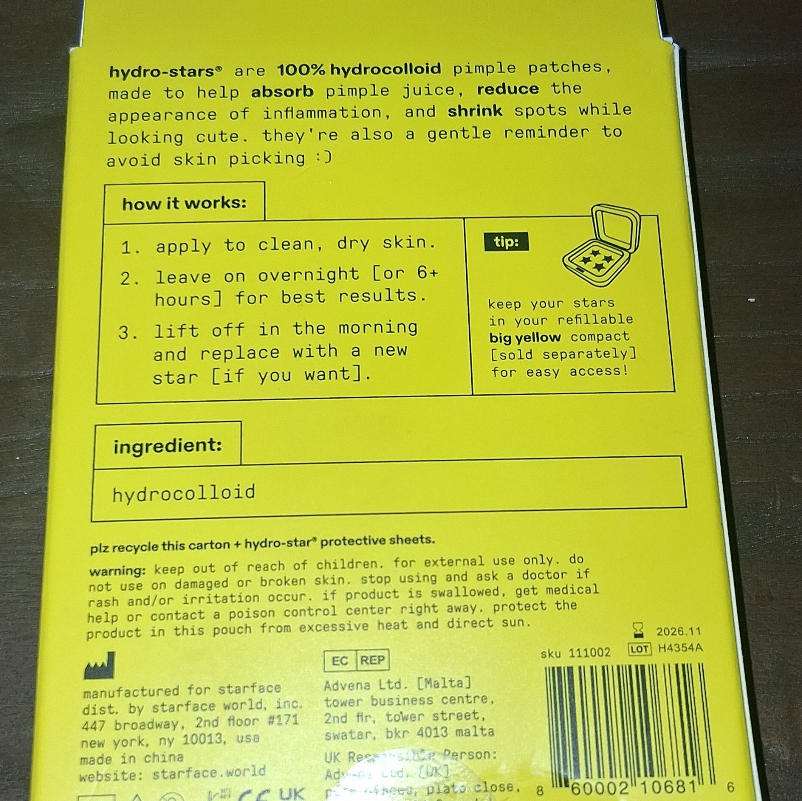 Starface Hydro-Star Yellow Hydrocolloid Acne Patches for Face, 32 Count