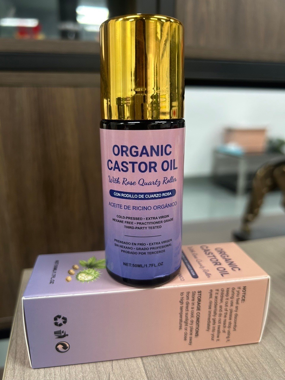 1Bottle Organic Golden Castor Oil Roll-On with Rose Quartz for Skin,Hair&Wrinkle