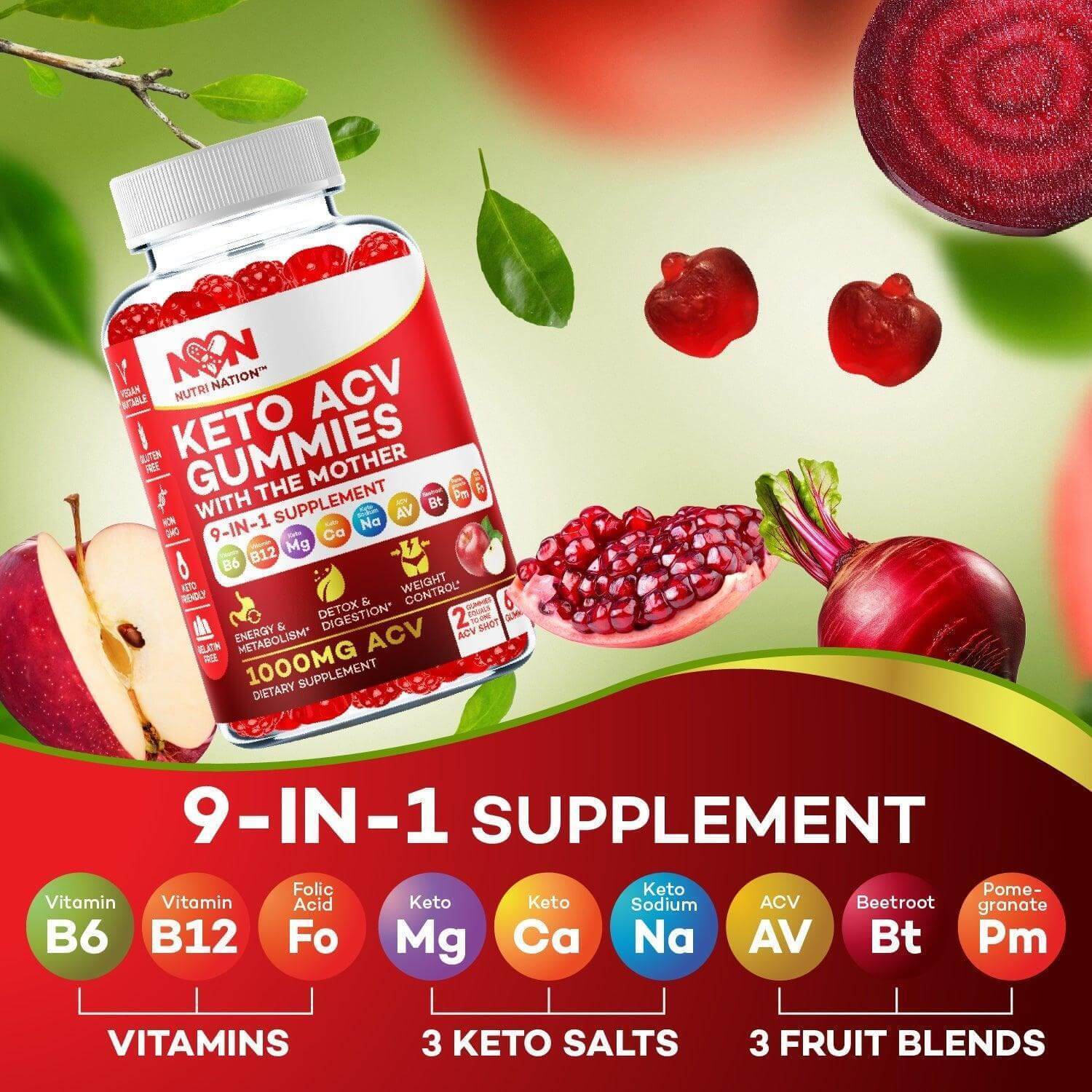 Nutri Nation Keto ACV Gummies 1000mg with the 3 BHB Salts Buy 3 get 2 Free