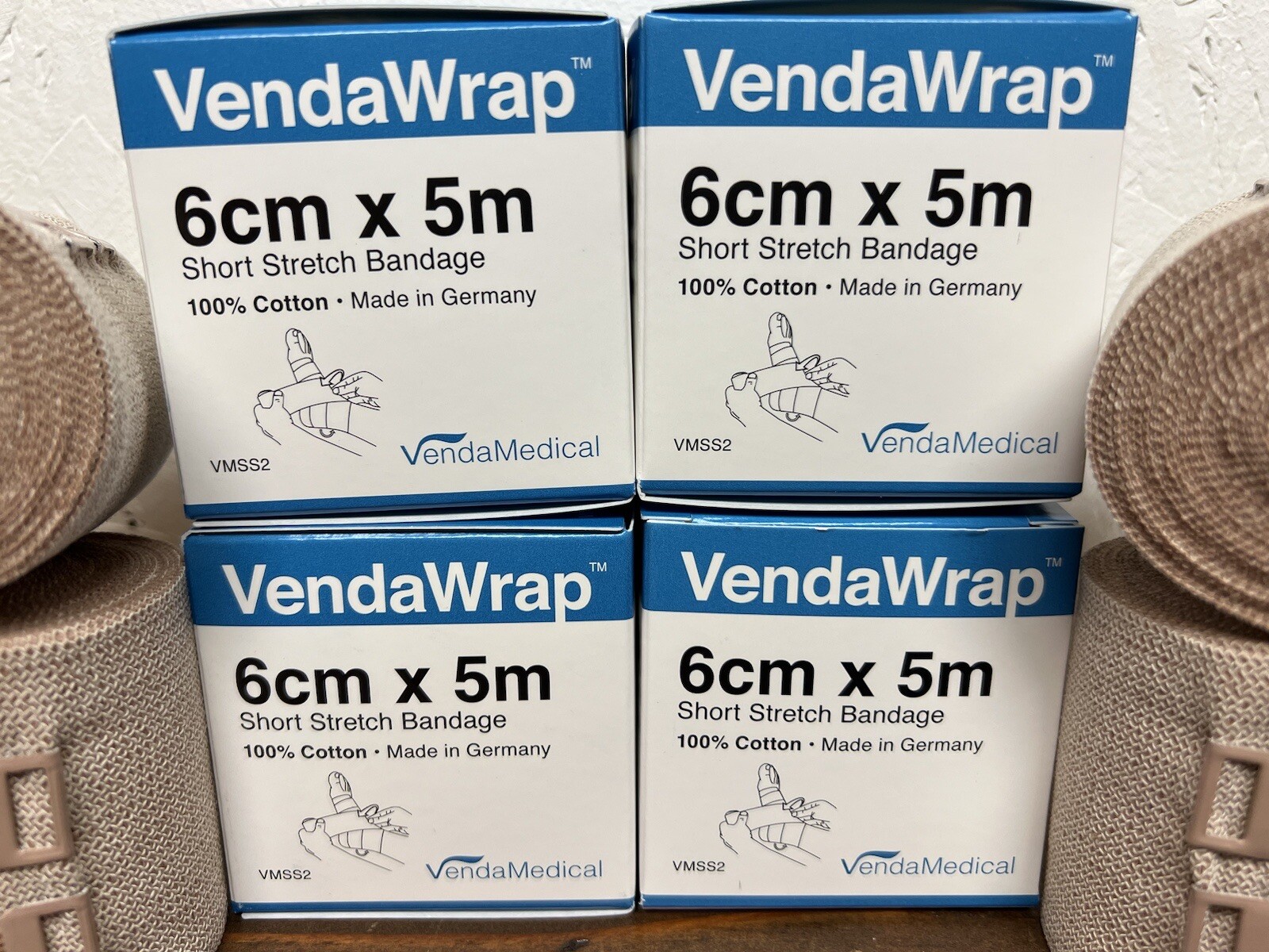 VendaWrap Short Stretch Compression Bandage 100% Cotton – 4 Rolls (6cm x 5m)