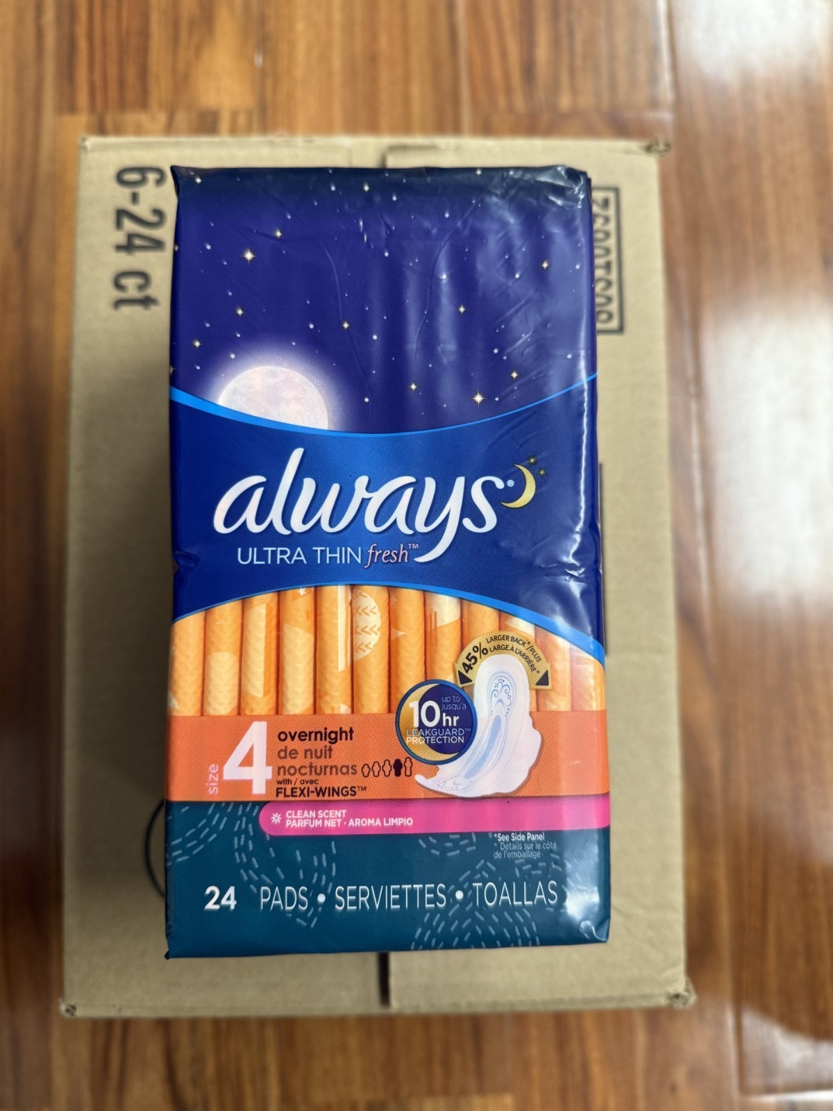 ALWAYS FRESH ULTRA THIN OVERNIGHT SIZE 4 – 24 CT 6 PACKS PER BOX 144 PCS TOTAL