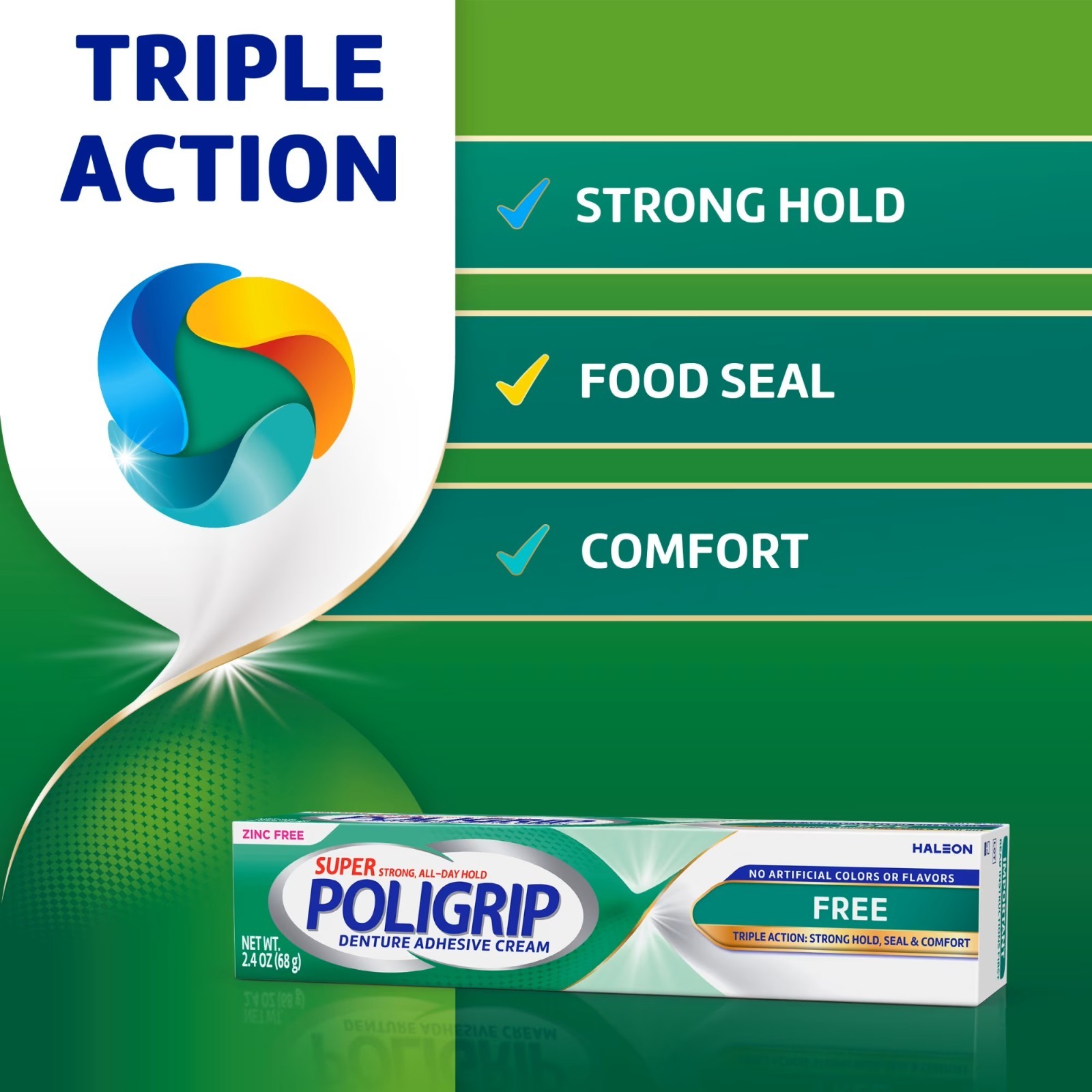 Poligrip Free Denture Adhesive Cream, Strong All-Day Hold, Food Seal, 2.4 Oz