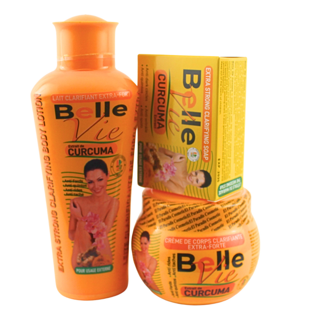 3pcs Belle Vie Curcuma Extracts .Body Lotion,Cream & Soap Clarifying Set 475Ml.