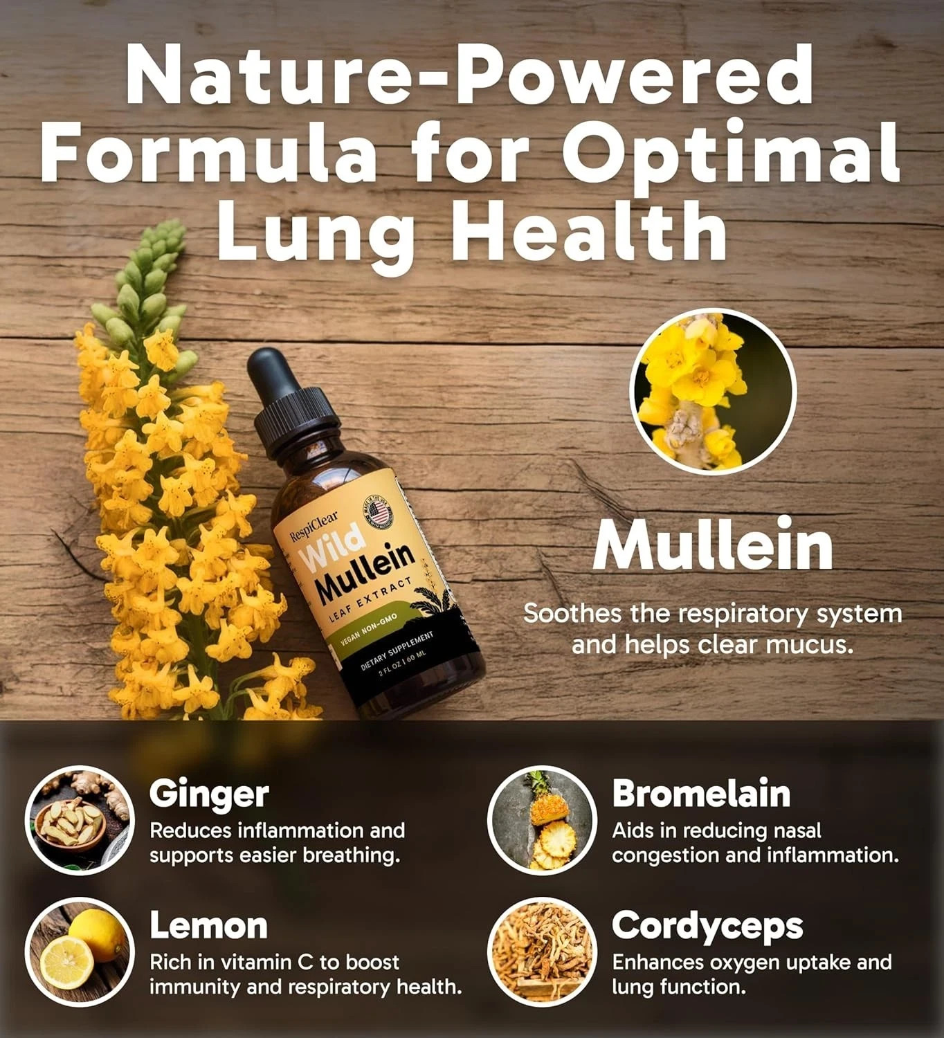 RESPICLEAR All-Natural Mullein Drops with Ginger & Lemon for Lung Cleanse and…