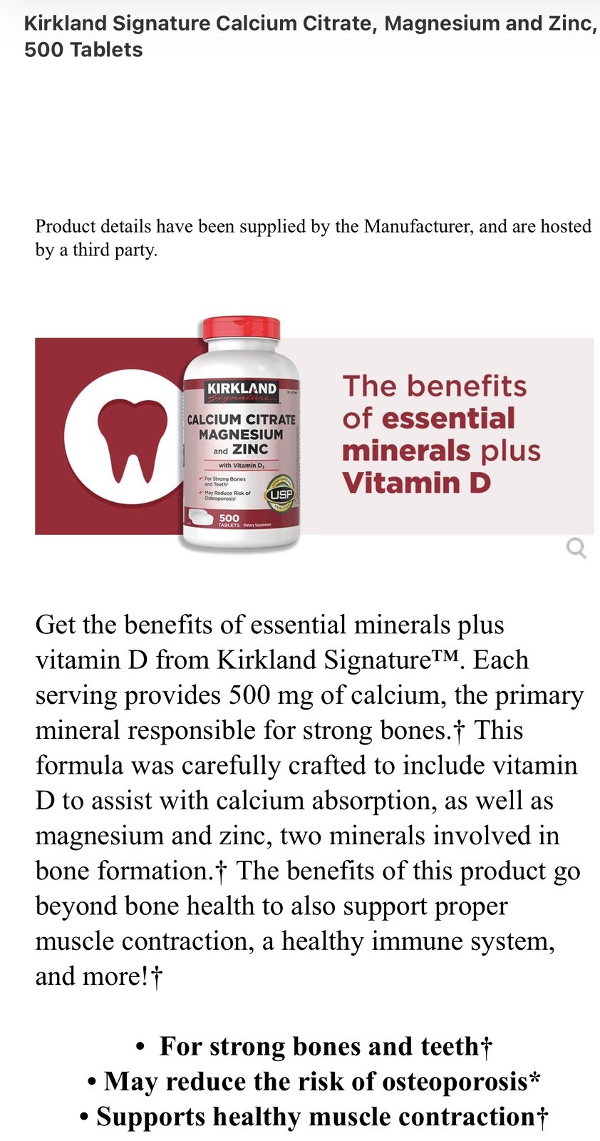 Kirkland Signature Calcium Citrate, Magnesium and Zinc, 500 Tablets