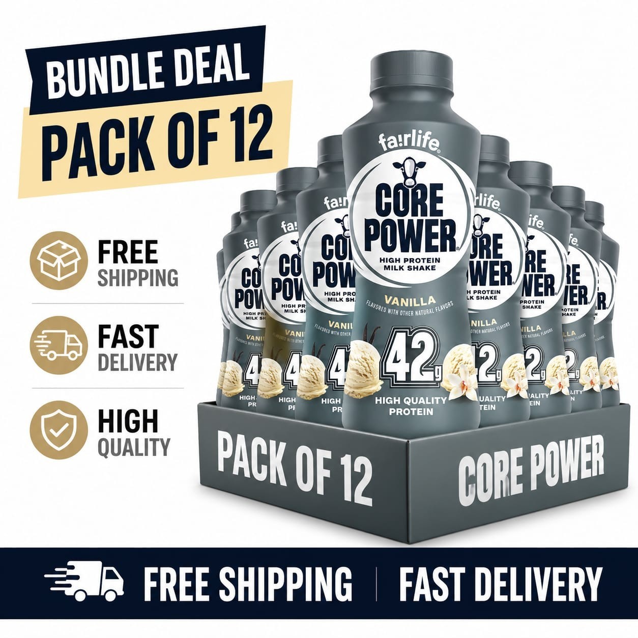 Core Power Elite High Protein Shake, Vanilla, 42g Bottle, 14oz, 12 Pack