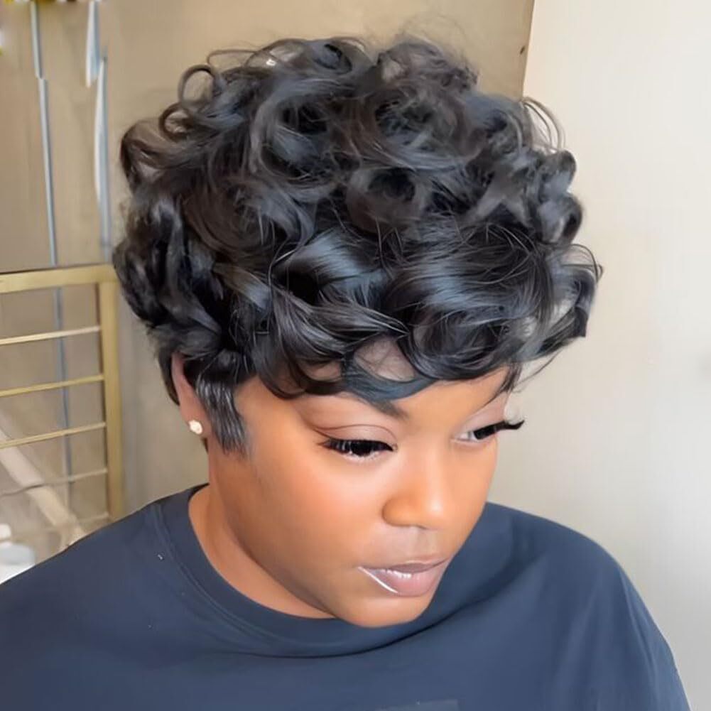 Short Curly Layered Pixie Cut Wigs for Women Human Hair Wave Wigs None Lace USA