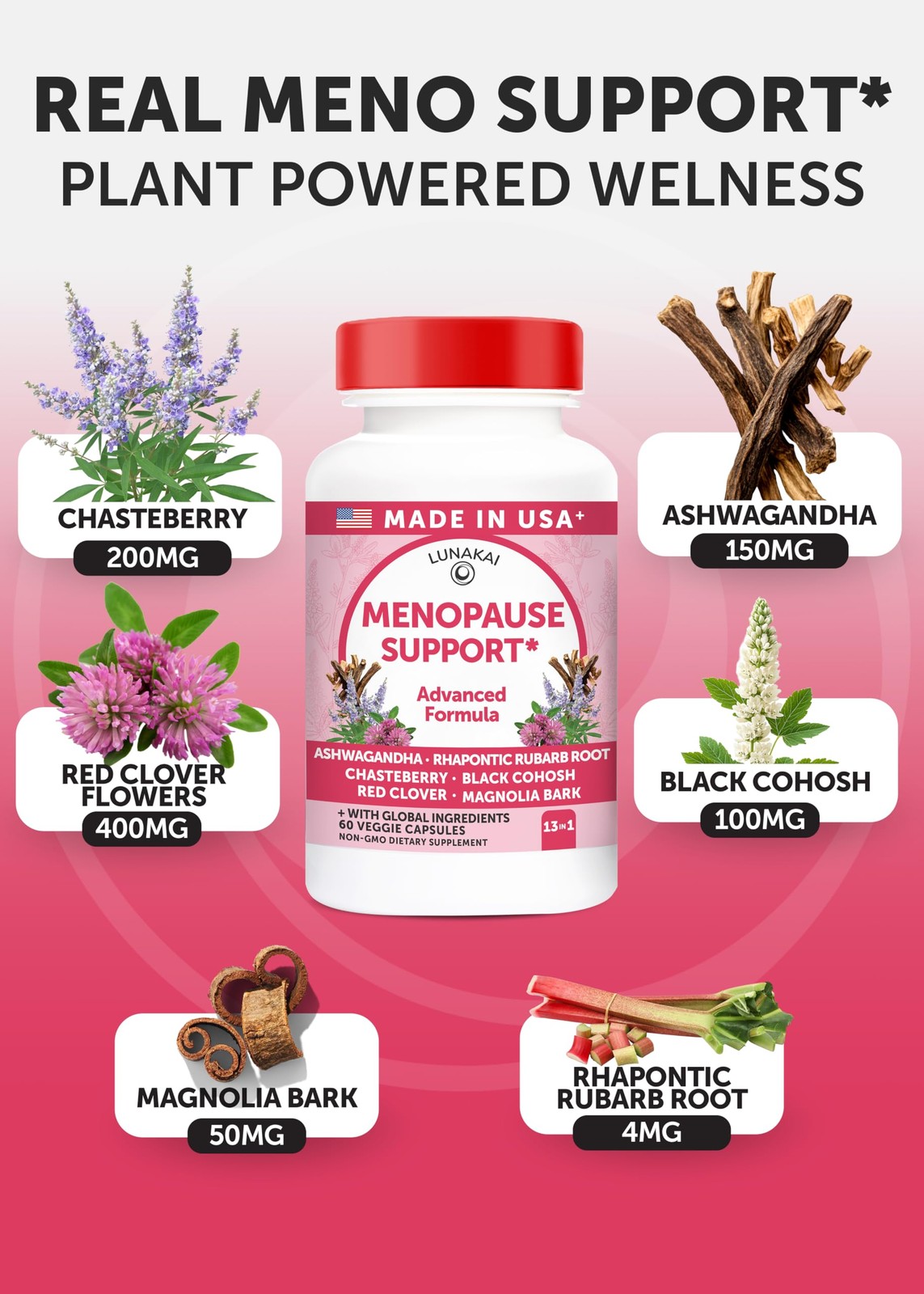 Lunakai USA Made Natural Menopause Supplements for Women – 13-in-1 Menopause…