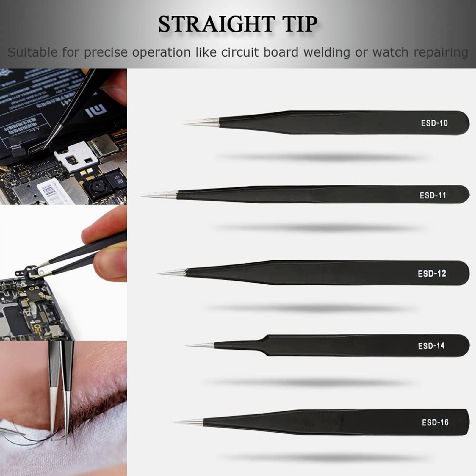 10Pcs ESD Precision Tweezers Set Stainless Steel Tool for Electronics Repair