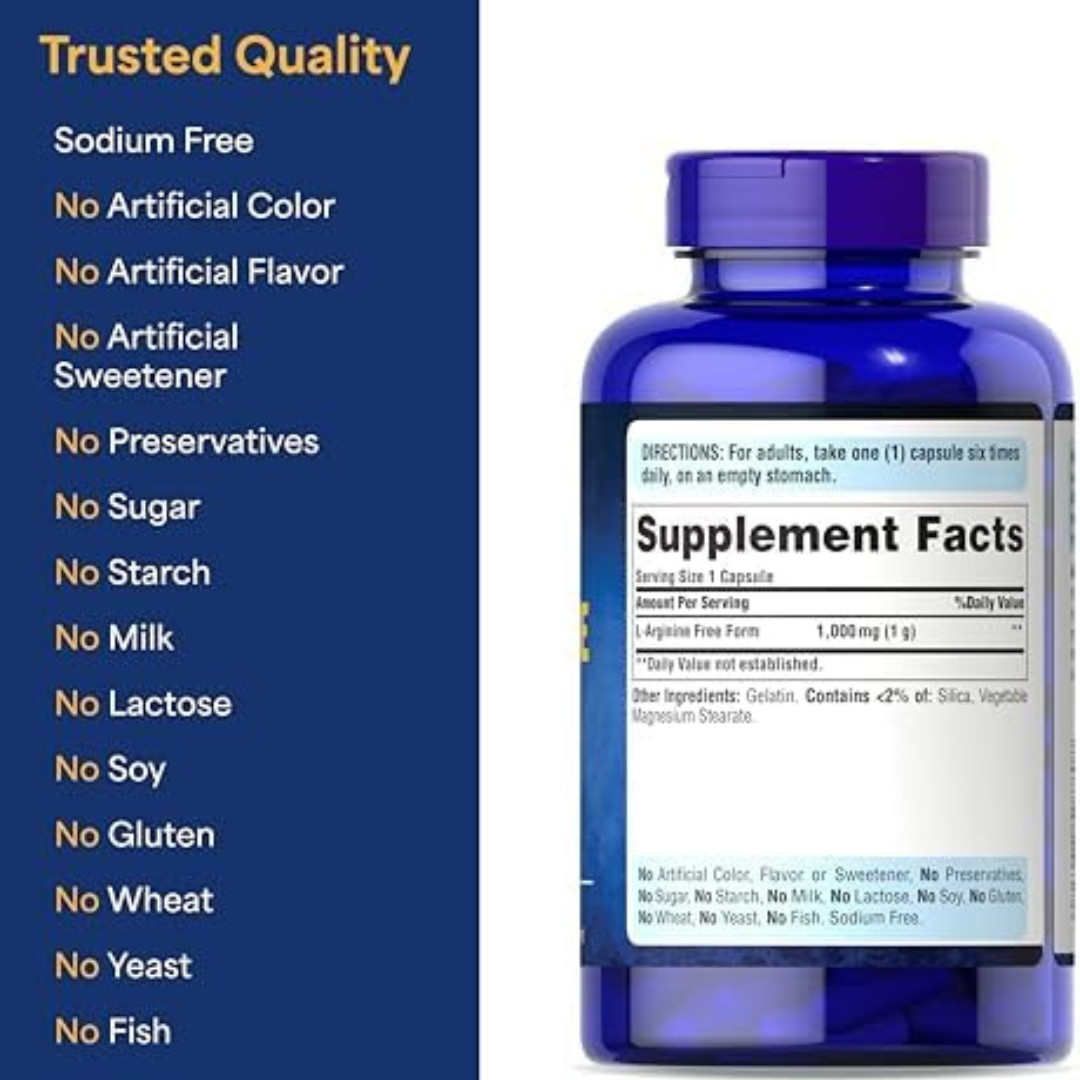 Puritan’s Pride L-arginine 1000 Mg Capsules, 100 Count, White