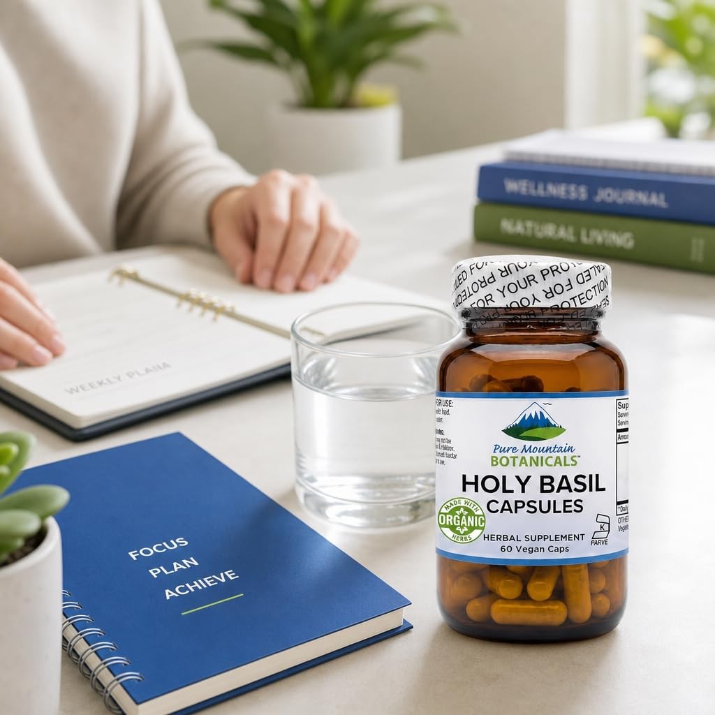Pure Mountain Botanicals Holy Basil Supplement – Kosher Organic Tulsi Capsules