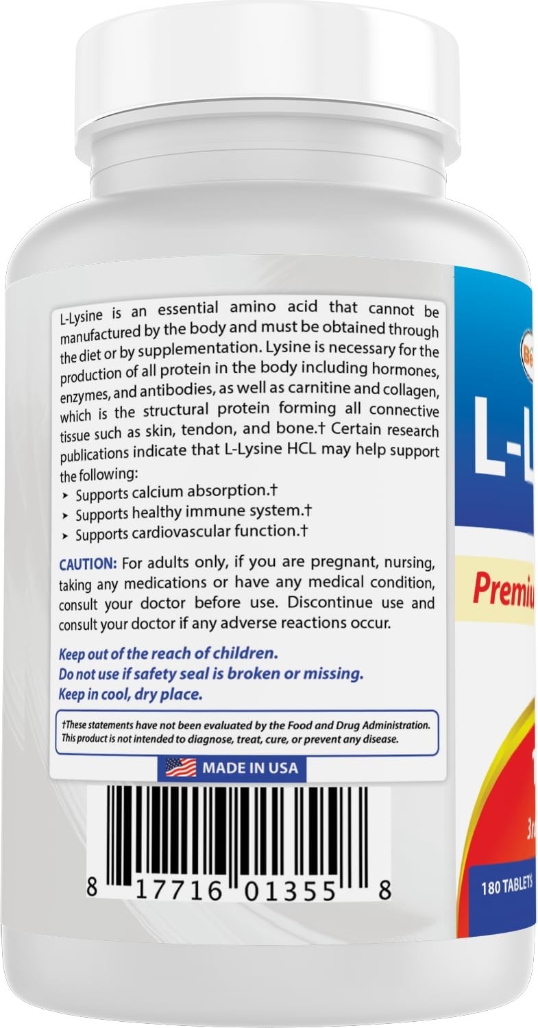 L-Lysine 1000mg – 180 Tablets, Immune Support, Muscle Recovery, 3 Bottles