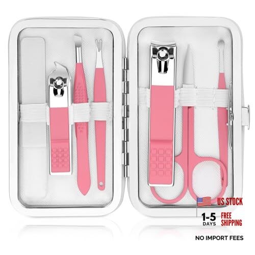 Manicure Set Women Nail Kit with Nail Clippers Eyebrow Tweezers Small-8Pcs Pink