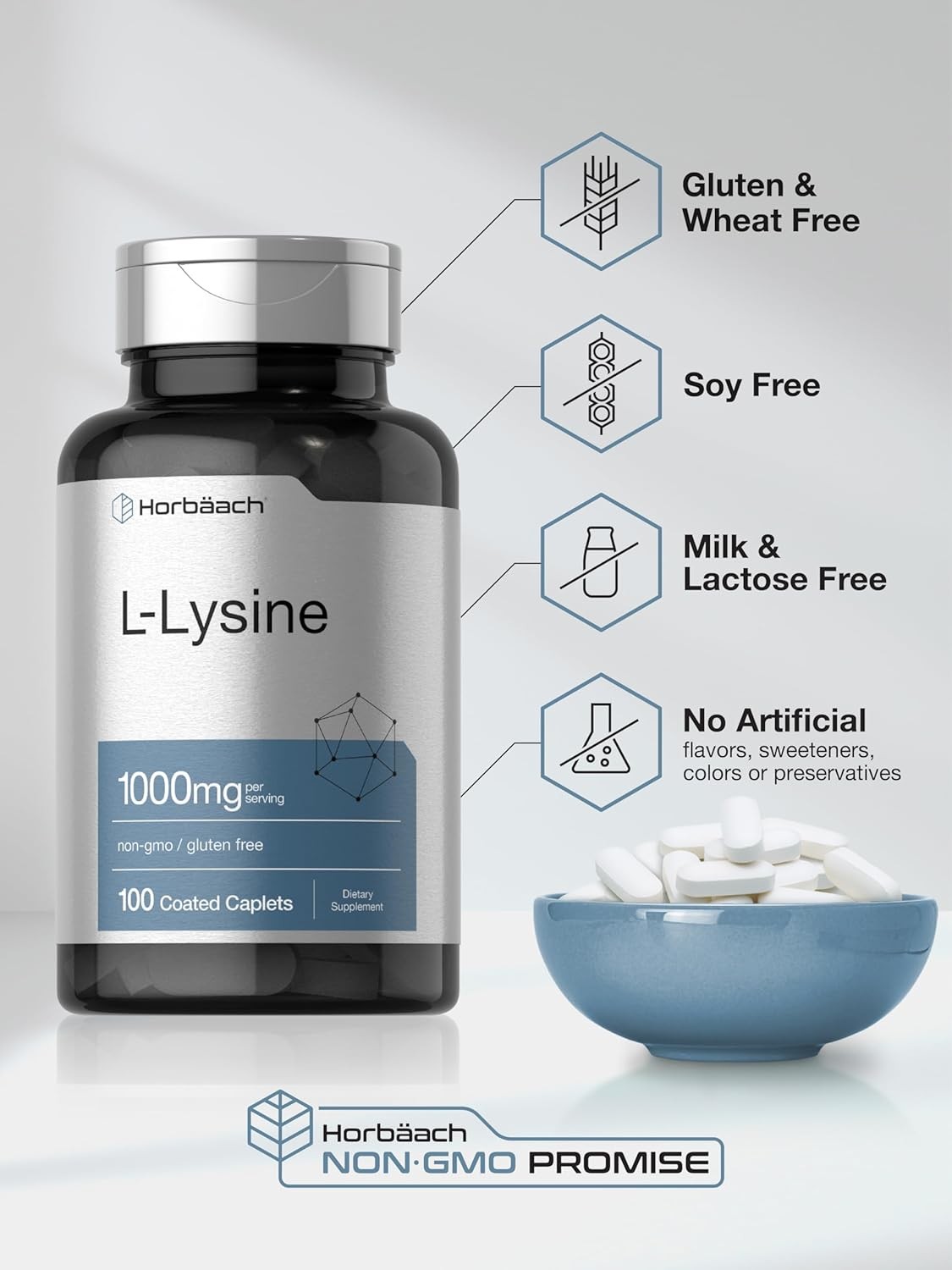 L-Lysine 1000mg | 100 Caplets | Free Form Supplement | Vegetarian | by Horbaach