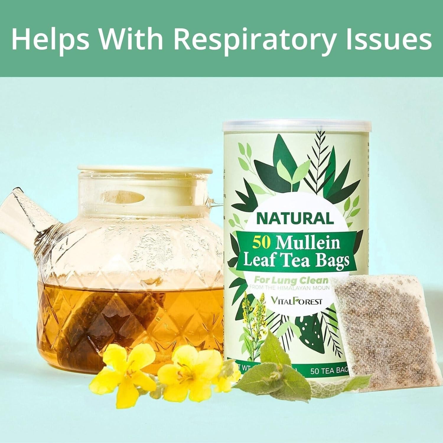 50 Mullein Tea Bags for Lungs, VitalForest 100% Pure Mullein Leave Tea.