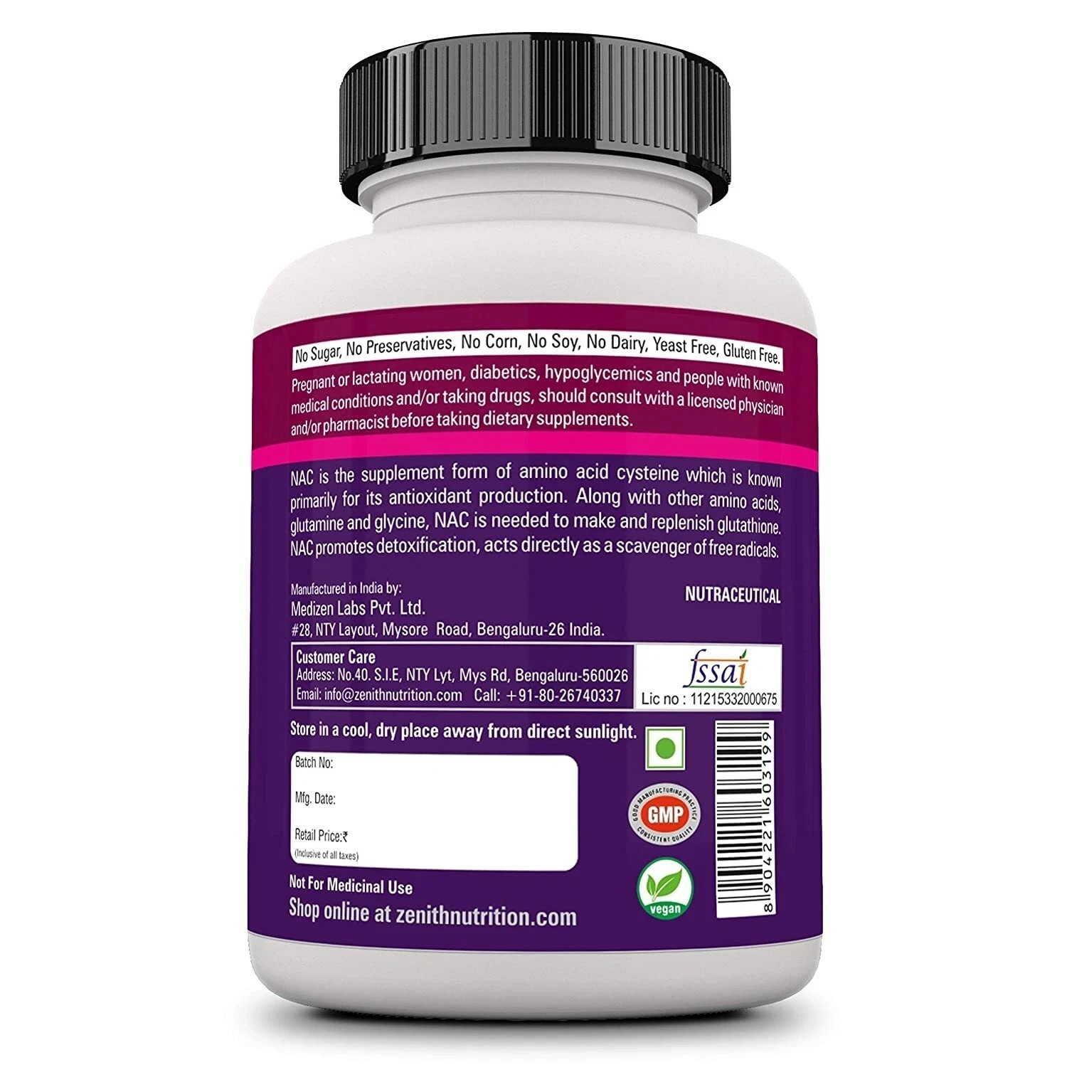Zenith Nutrition Nac(N-Acetyl-Cysteine) 500mg Antioxidant & Respiratory Support