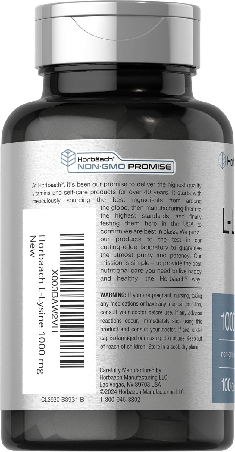 L-Lysine 1000mg | 100 Caplets | Free Form Supplement | Vegetarian | by Horbaach