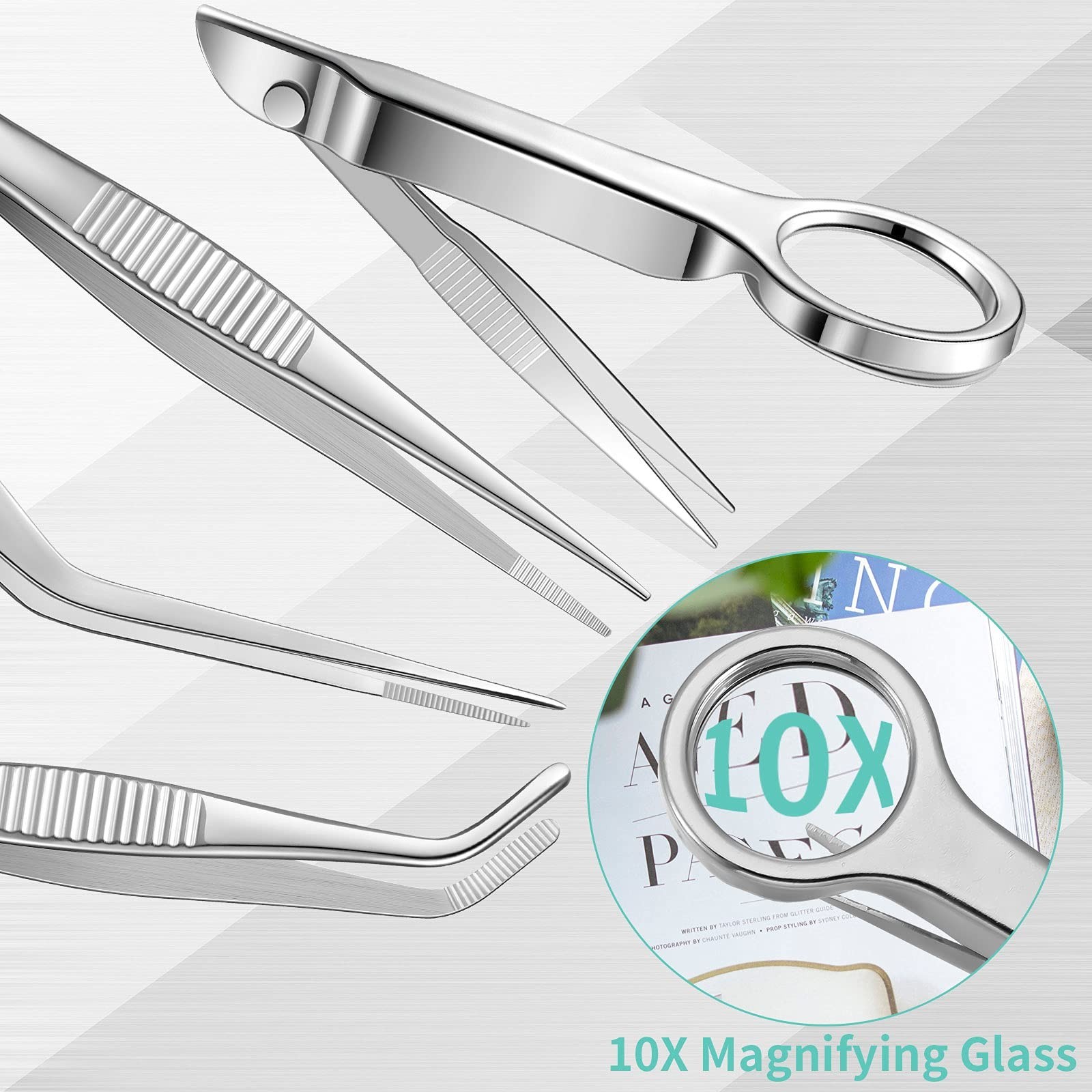 8 Pcs Stainless Steel Tweezers Set with Magnifying Glass – Curved, Straight & Fl