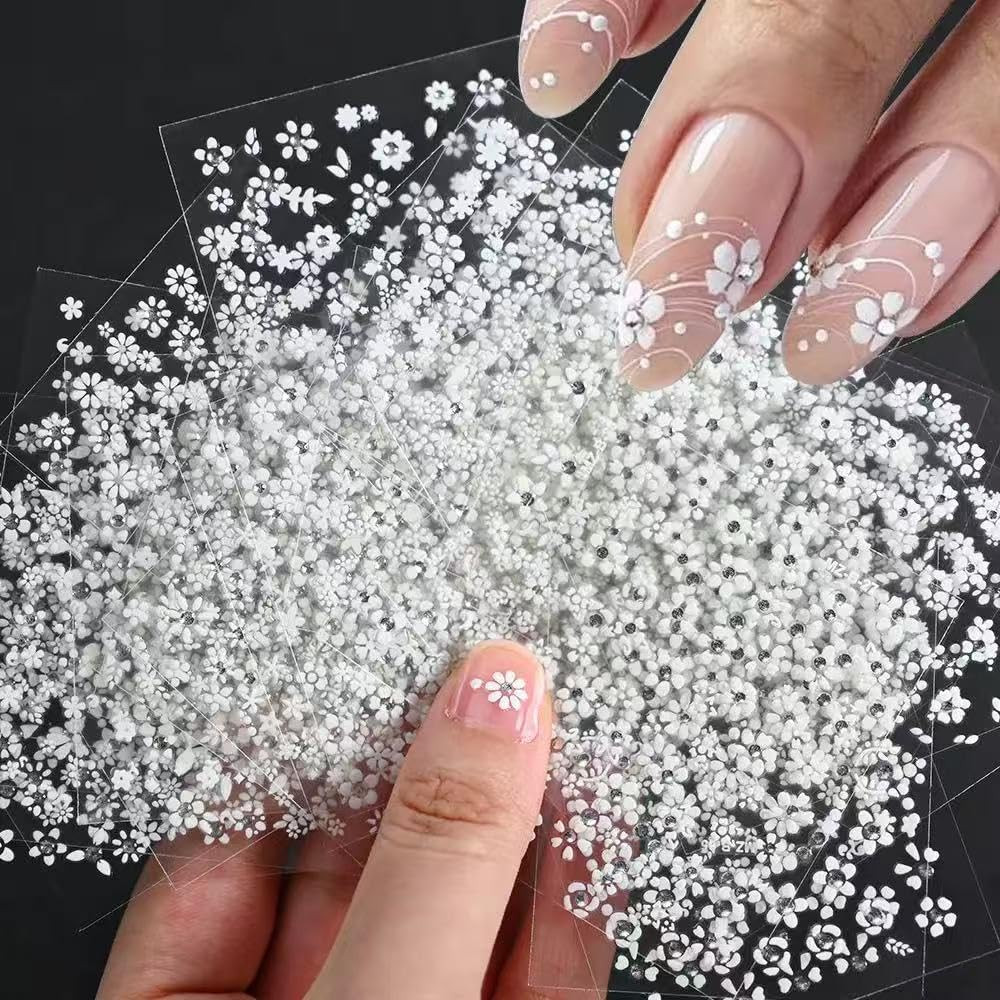 White Flower Nail Art Stickers White Flower with Rhinestones Nail Decals 3D Self