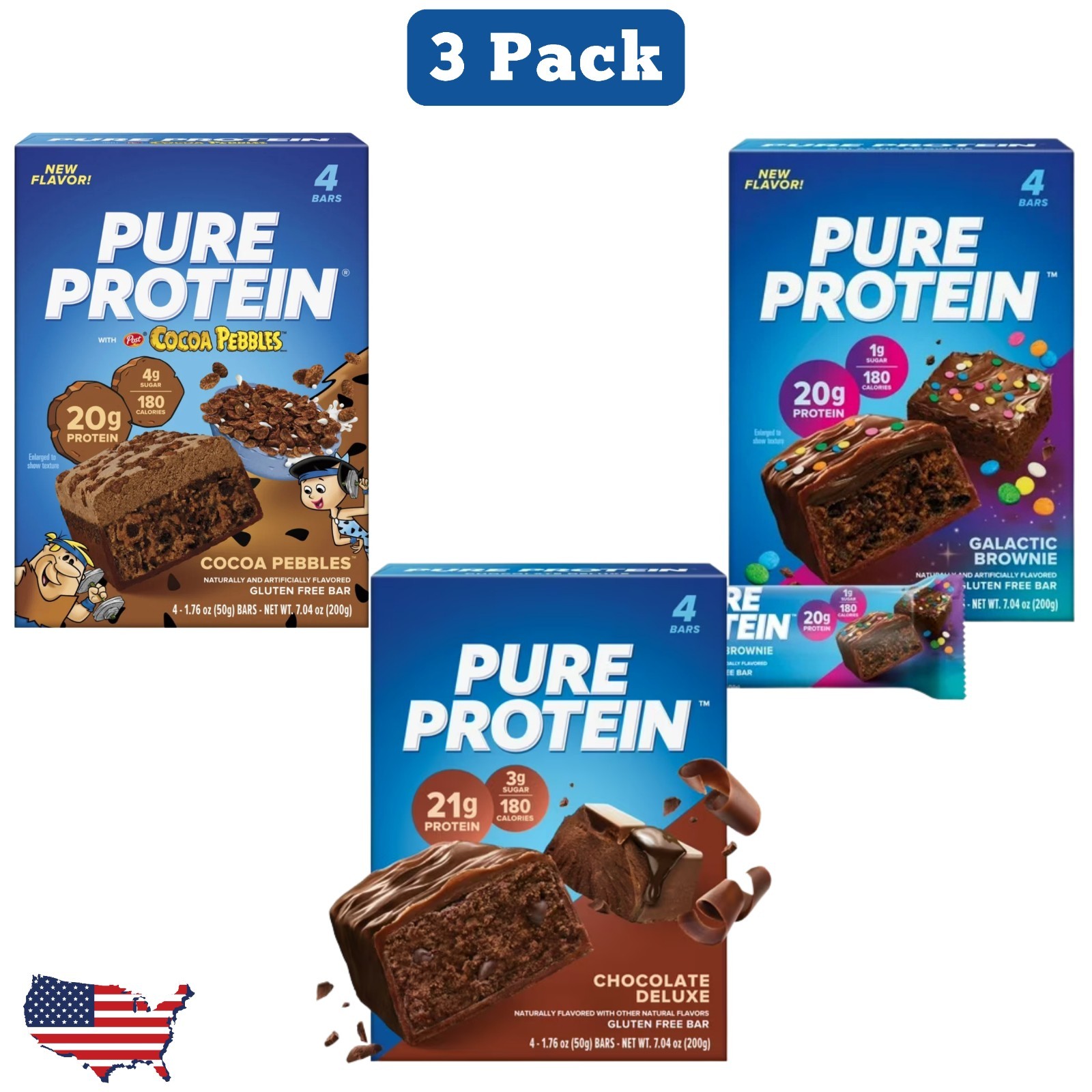 Pure Protein Bars-Variety Pack Choco Deluxe, Cocoa Pebbles Galactic Brownie 12ct