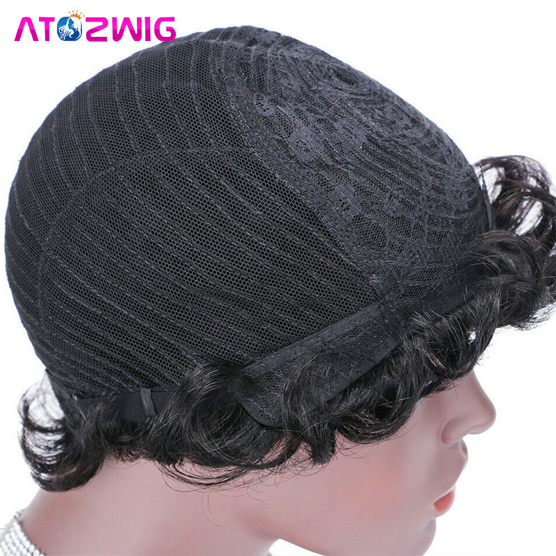 100% Human Hair Short Pixie Cut Dark Brown Curly Wig with Bangs None Lace Wigs