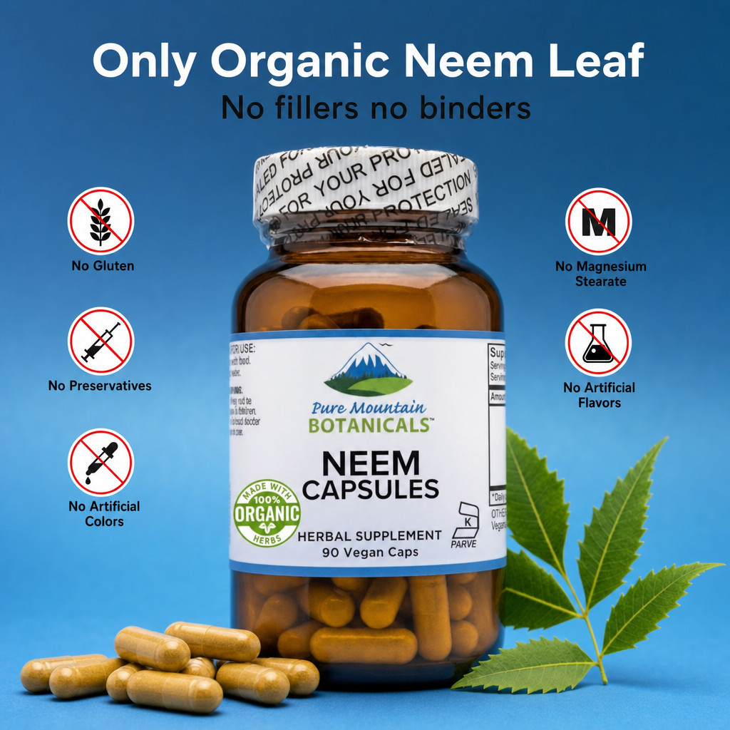 Pure Mountain Botanicals Neem Capsules – 500mg Organic Neem Leaf Supplement