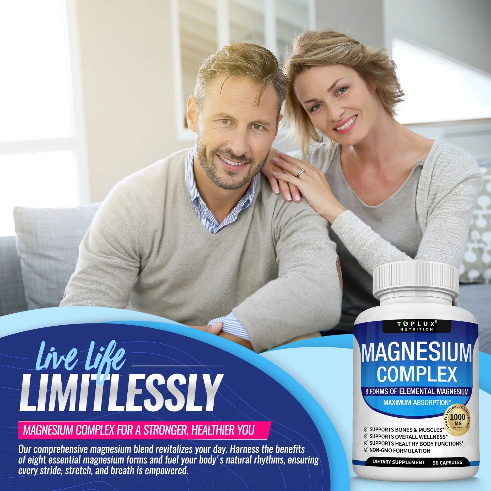 Toplux Magnesium Complex 1000mg Supplement 8 Forms for Bone & Muscle Support