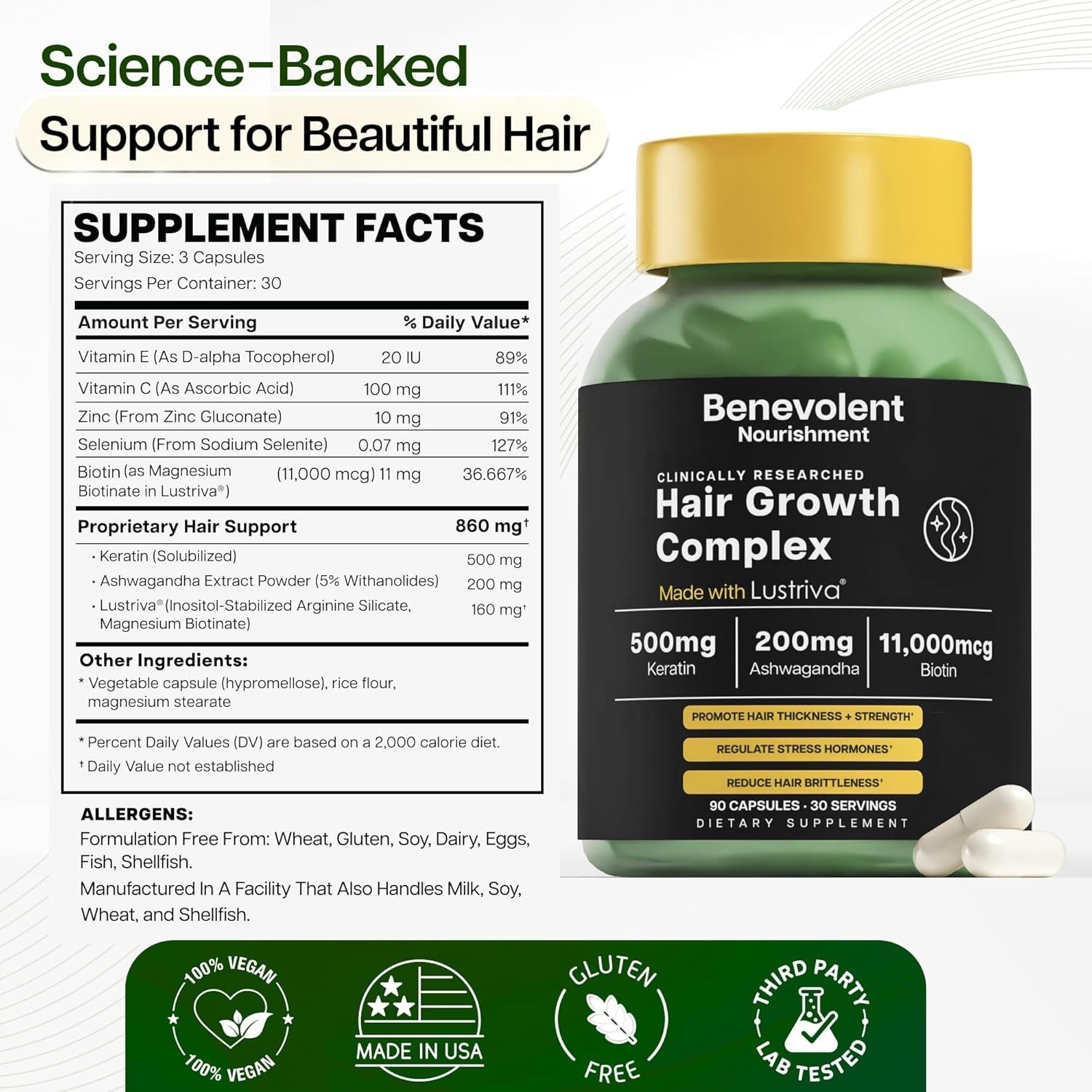 Benevolent Nourishment Hair Growth Complex 90 Capsules Vitamins Keratin Biotin