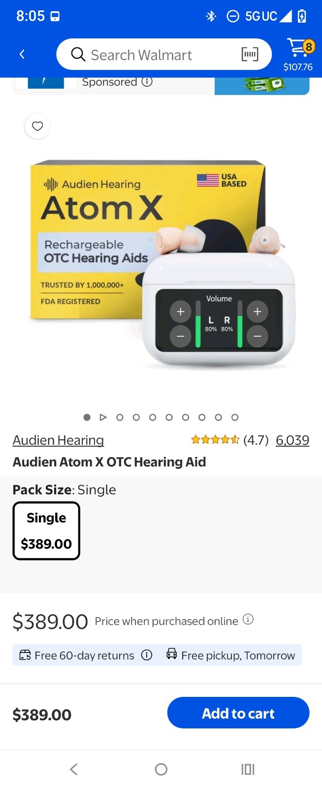 Audien Hearing Atom X Rechargeable Bluetooth IIC Hearing Aids Beige Both Ears