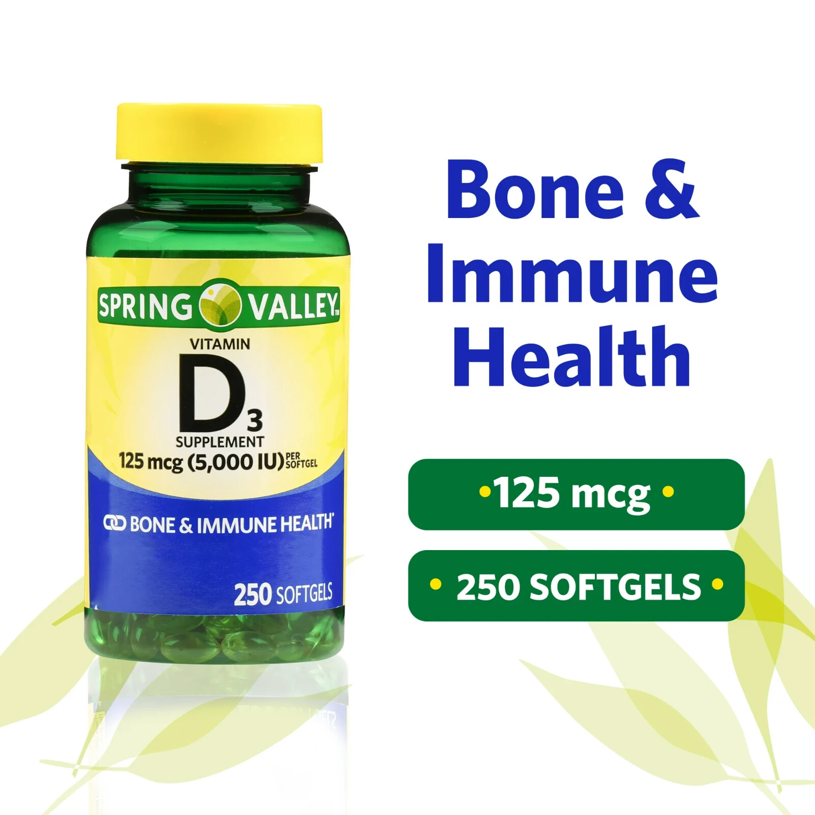 Spring Valley Vitamin D3 Supplement Softgels – 5000iu (250 Count) Always Fresh