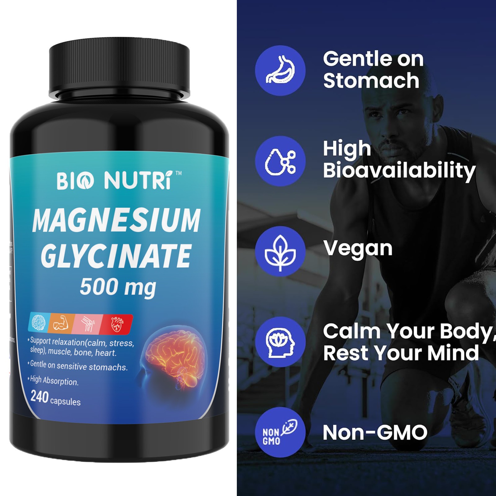BIO NUTRI Magnesium Glycinate Supplement | 500mg 240 Pills Non-GMO & Gluten Free